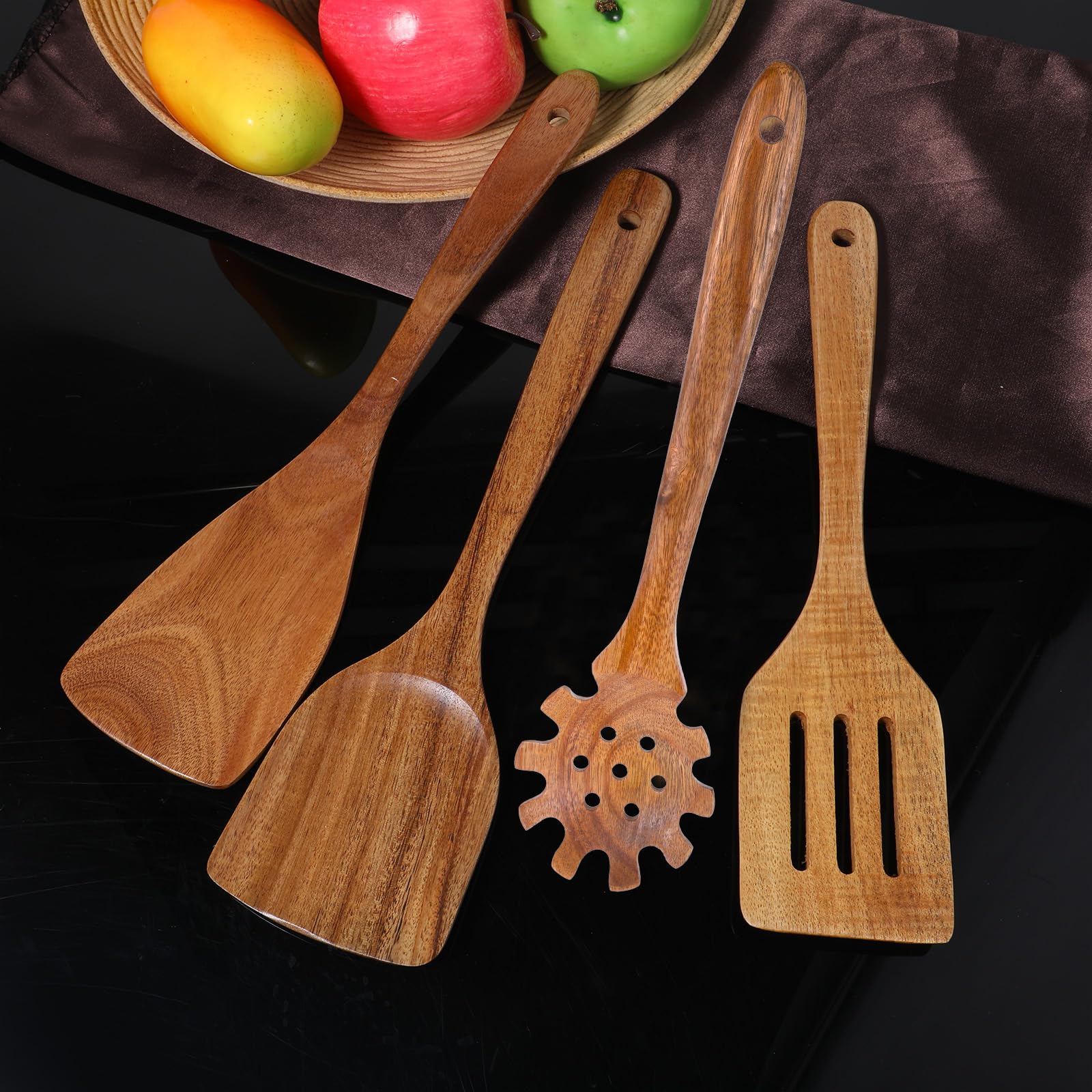 Wooden Cooking Utensils, 4 Pcs/Set Natural Acacia Wood Frying Spatulas for Cooking Eggs, Fish, Pancakes, Non-scratch Spatula Pasta Spoon Spaghetti Fork Noodle Spoon - 12