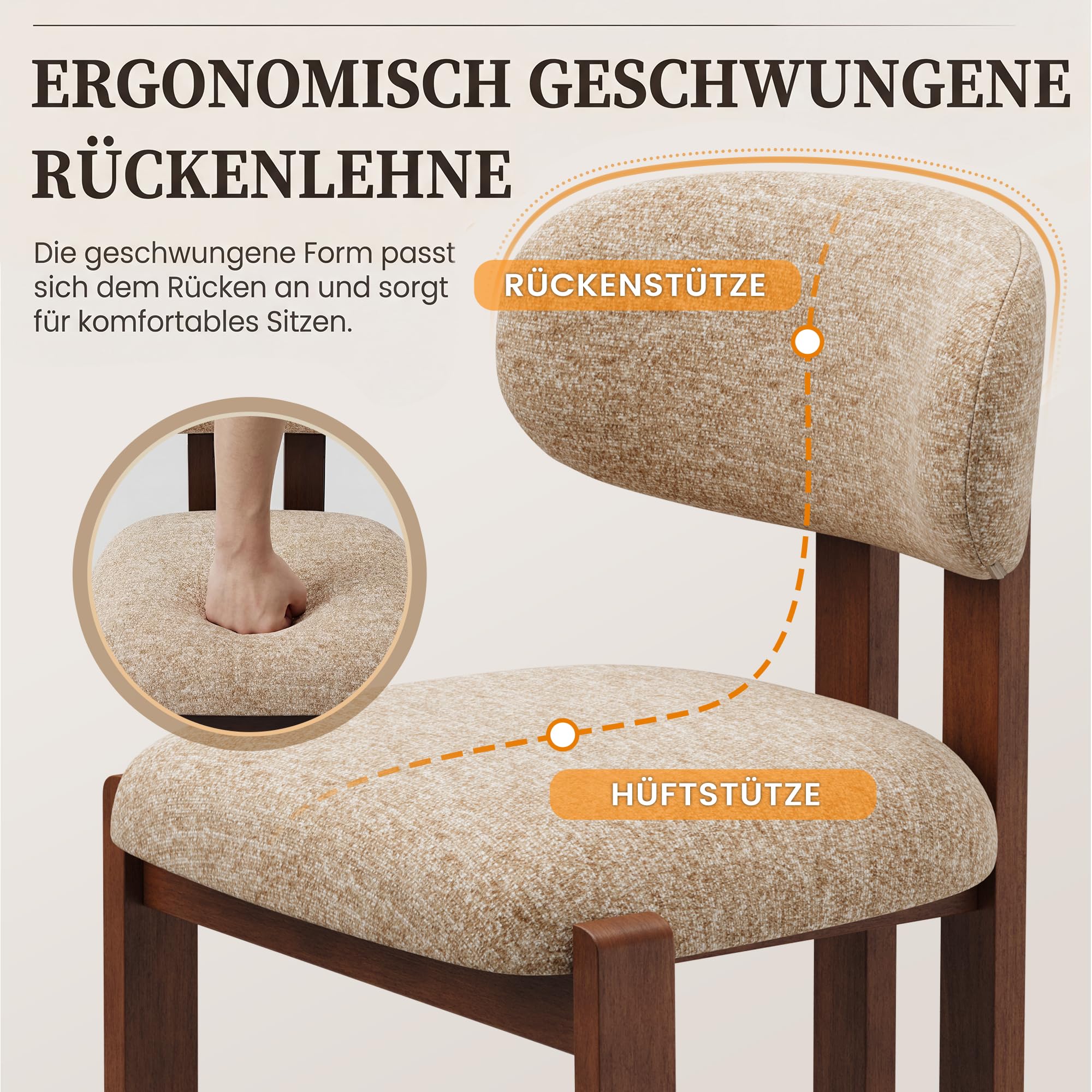 MALOL Esszimmerstühle 6er Set, Moderne Polsterstühle mit Holzbeinen in Dunkelbraun, Stoff-Essstühle mit Stabiler Rückenlehne, Kamel Geeignet für Esszimmer, Küche und Gastronomie
