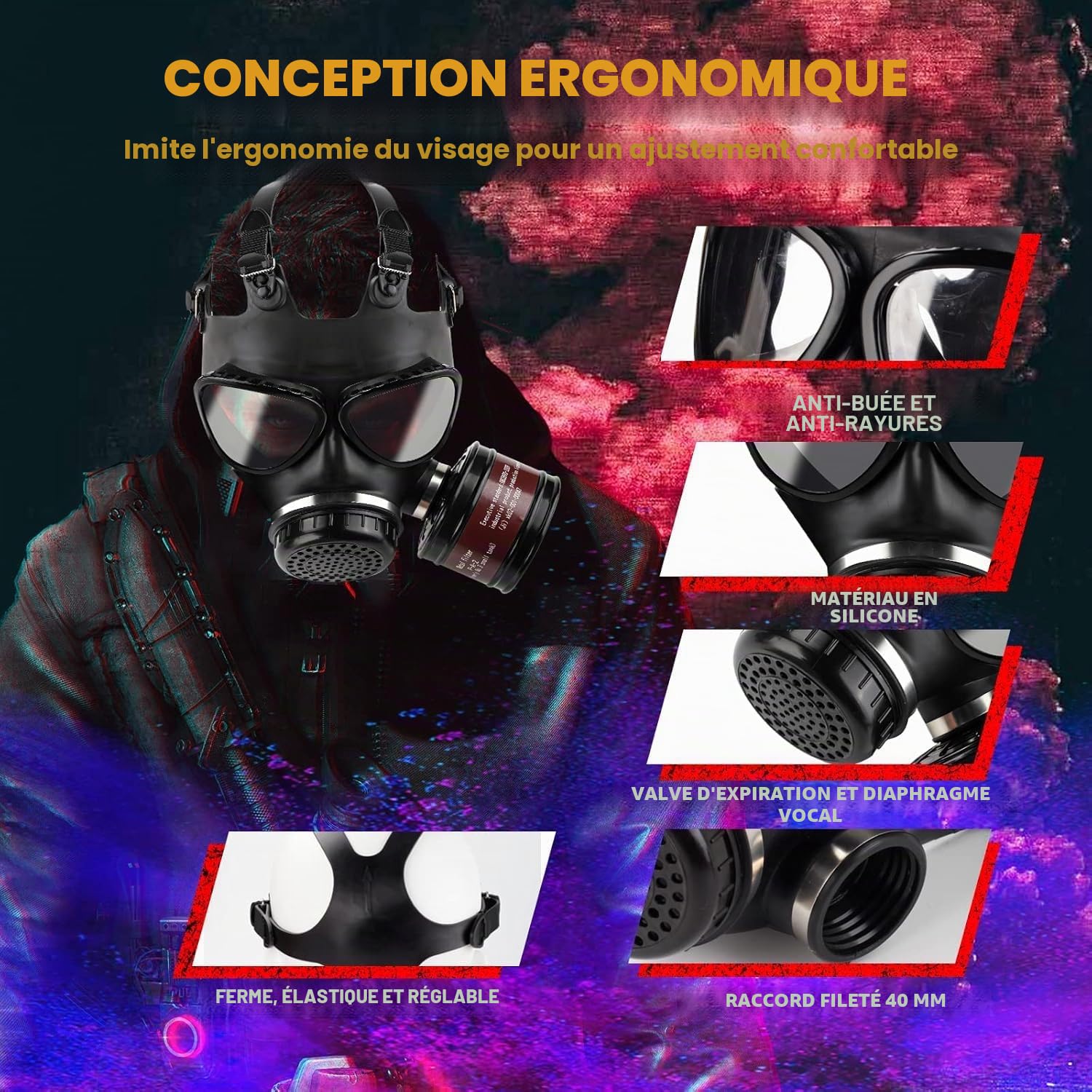 Masque à gaz avec filtre, masque respiratoire réutilisable et anti-poussière pour ponçage, travaux de construction, peinture en aérosol, produits chimiques, coupe, polissage à la machine