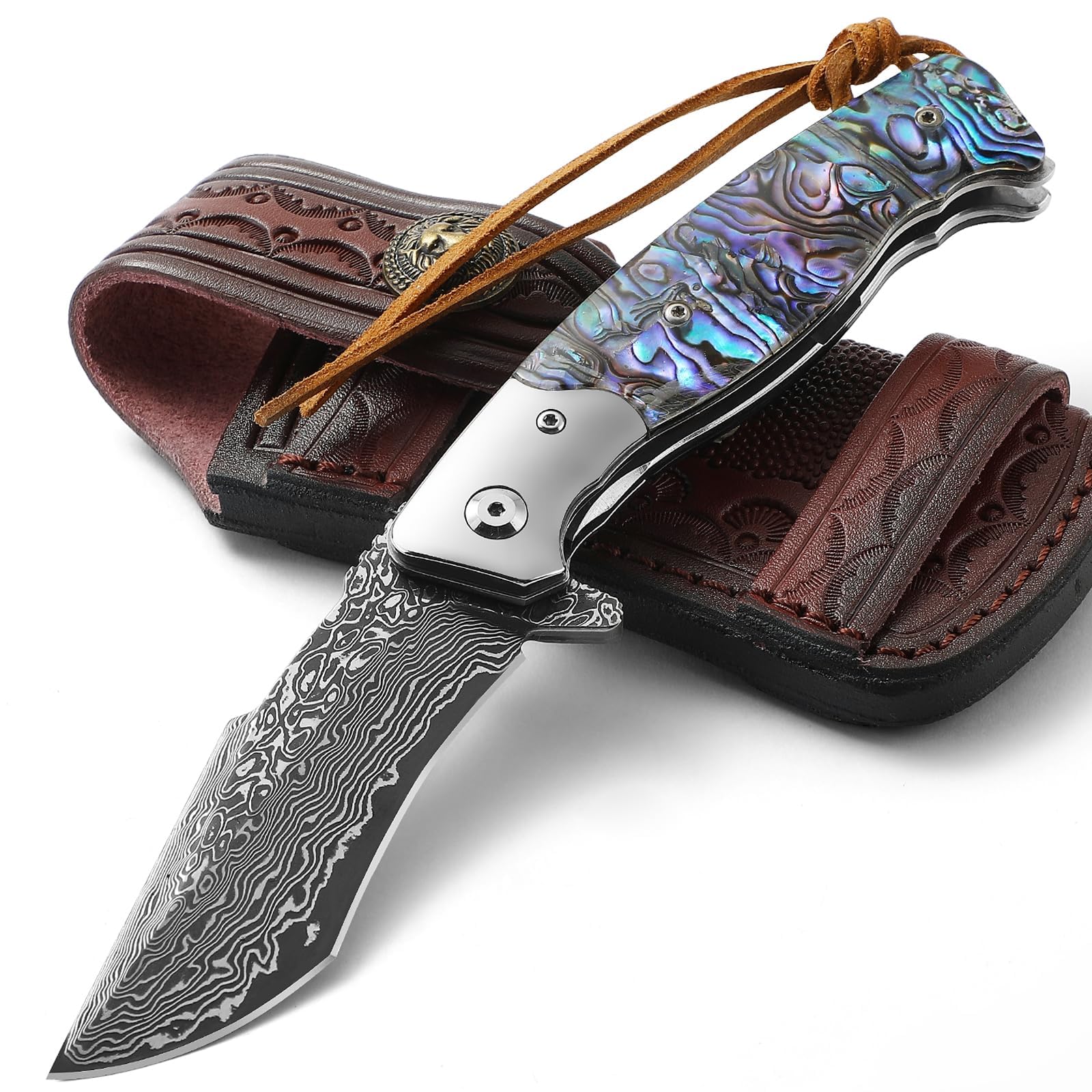 DRACHENADER Couteau Pliant Damas, Grand Couteau de Poche en Acier Damas, Manche en Coquille d’Ormeau, Étui en Cuir Véritable, Idéal comme Cadeau