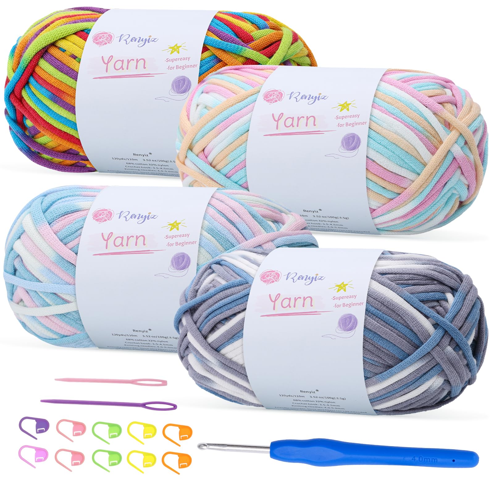 Renyiz 4-Pack 100g Chunky Cotton Crochet Yarn with 4mm Hook, Soft Non-Split Thick Yarn for Amigurumi DIY Gifts Home Decor