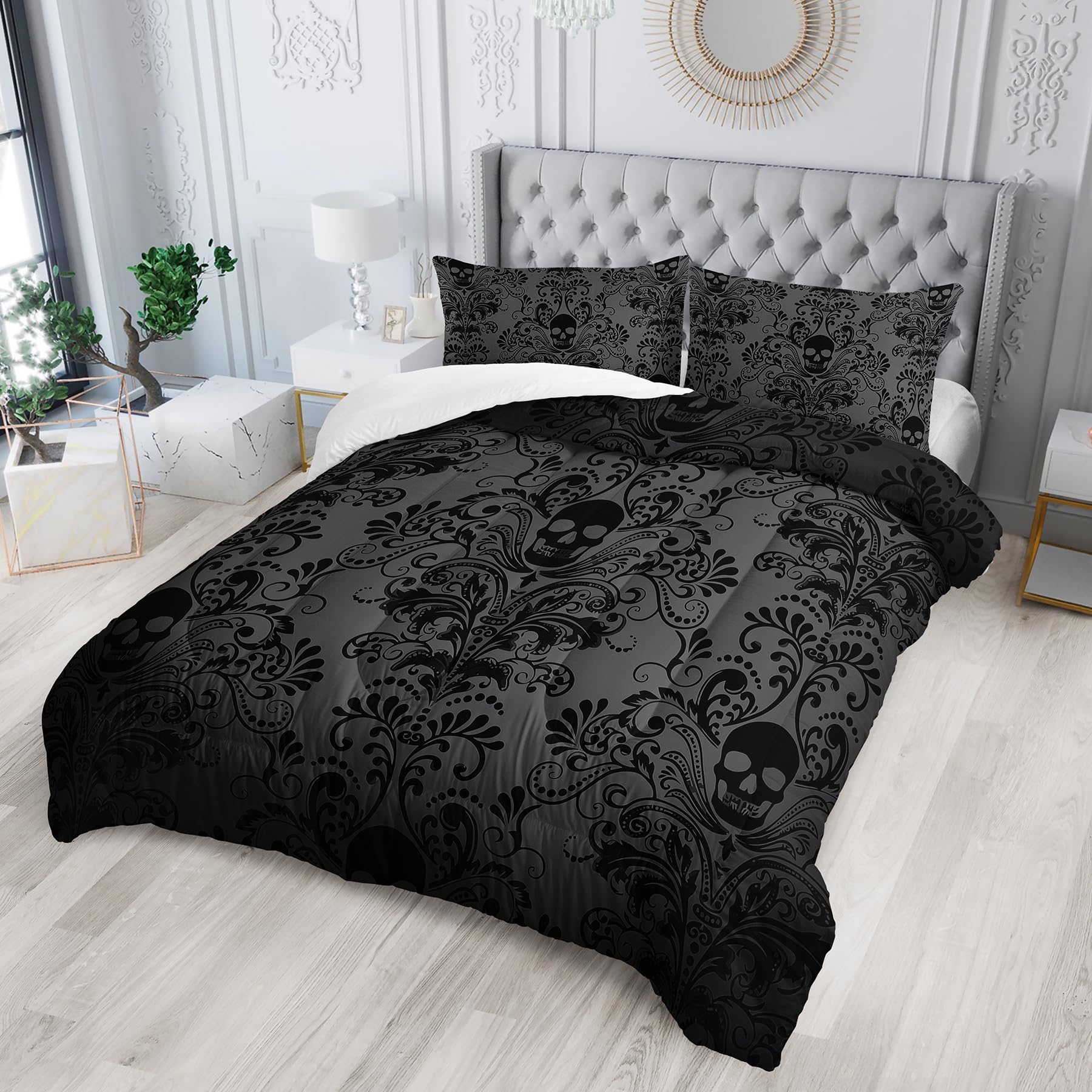 Tuzaovy Skull Bedding Set Queen Size,Goth Bedding Sets Queen with Comforter,Skull Comforter Set,Bohemian Bedding Queen Comforter Set,Gothic Bedding Decor Queen Comforter Set Western Boho Hippie