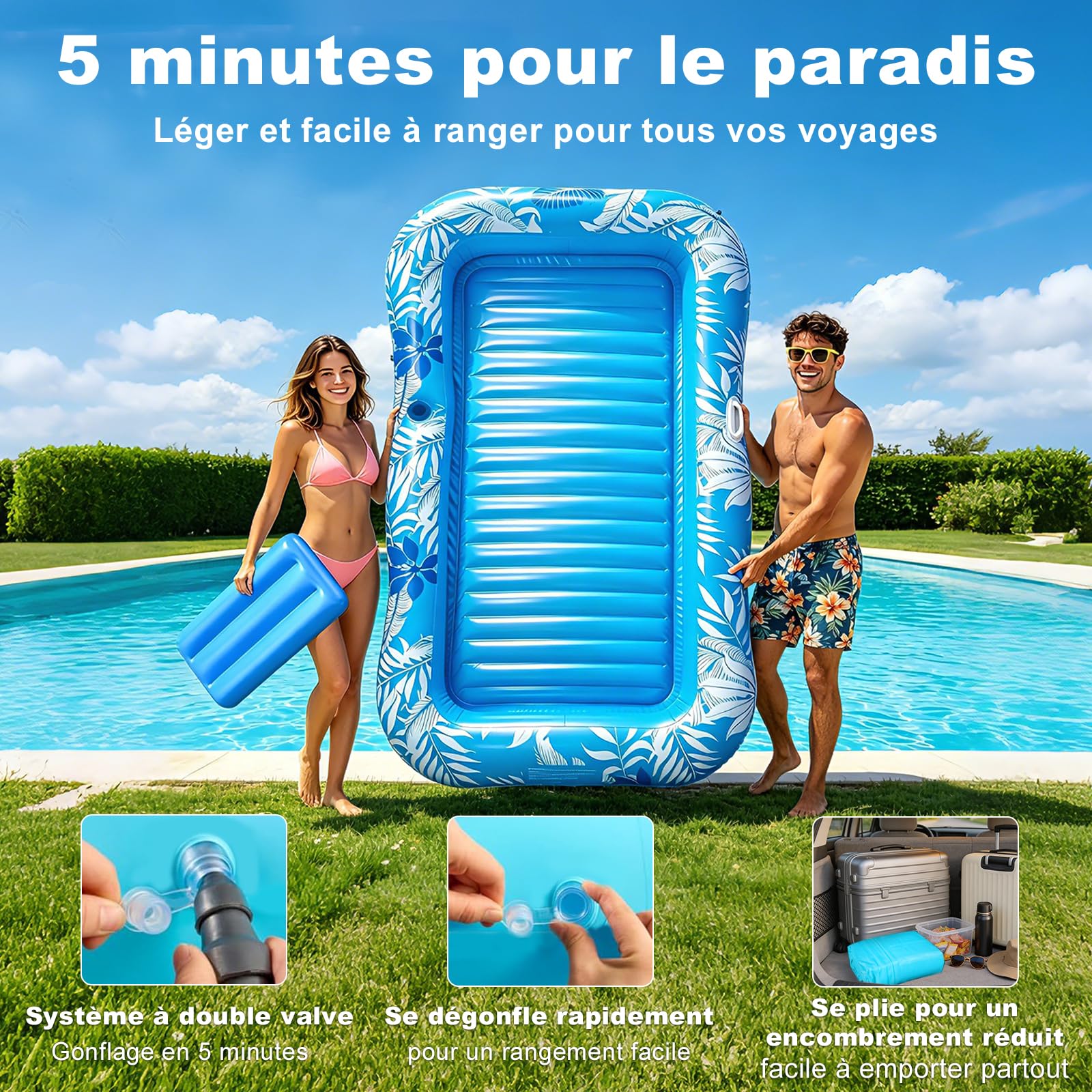 Balakaka Matelas Gonflable Adultes 208×130cm, 4 en 1 Hamac Flottant avec Dossier Tanning Pool avec Porte-Boisson, Design de Pulvérisation d'eau, pour Fêtes de Plage