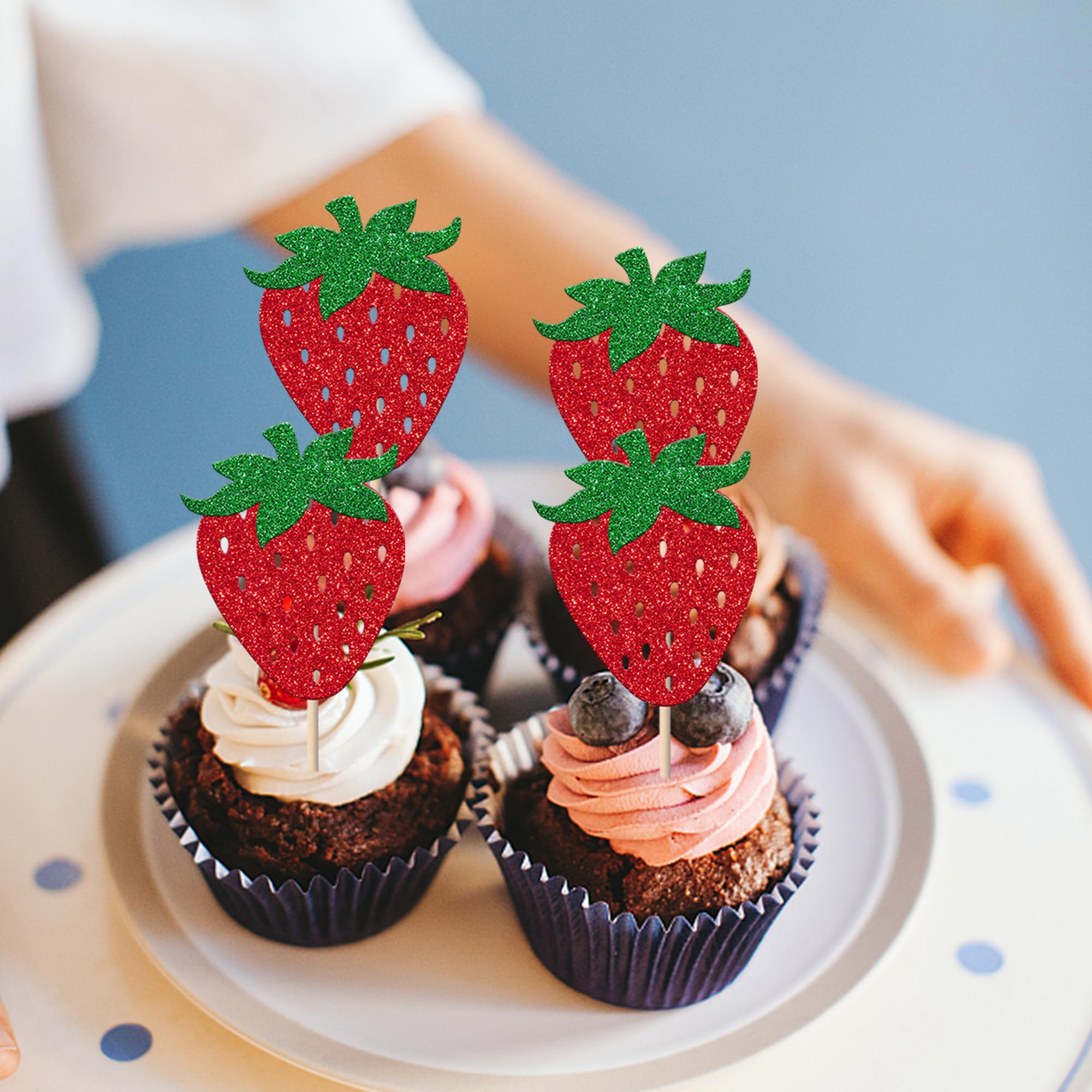 24 Decorazioni Per Cupcake A Forma Di Fragola, Rosse, In Carta Con Bastoncino Di Bambù, Per Festa A Tema Frutta O Baby Shower