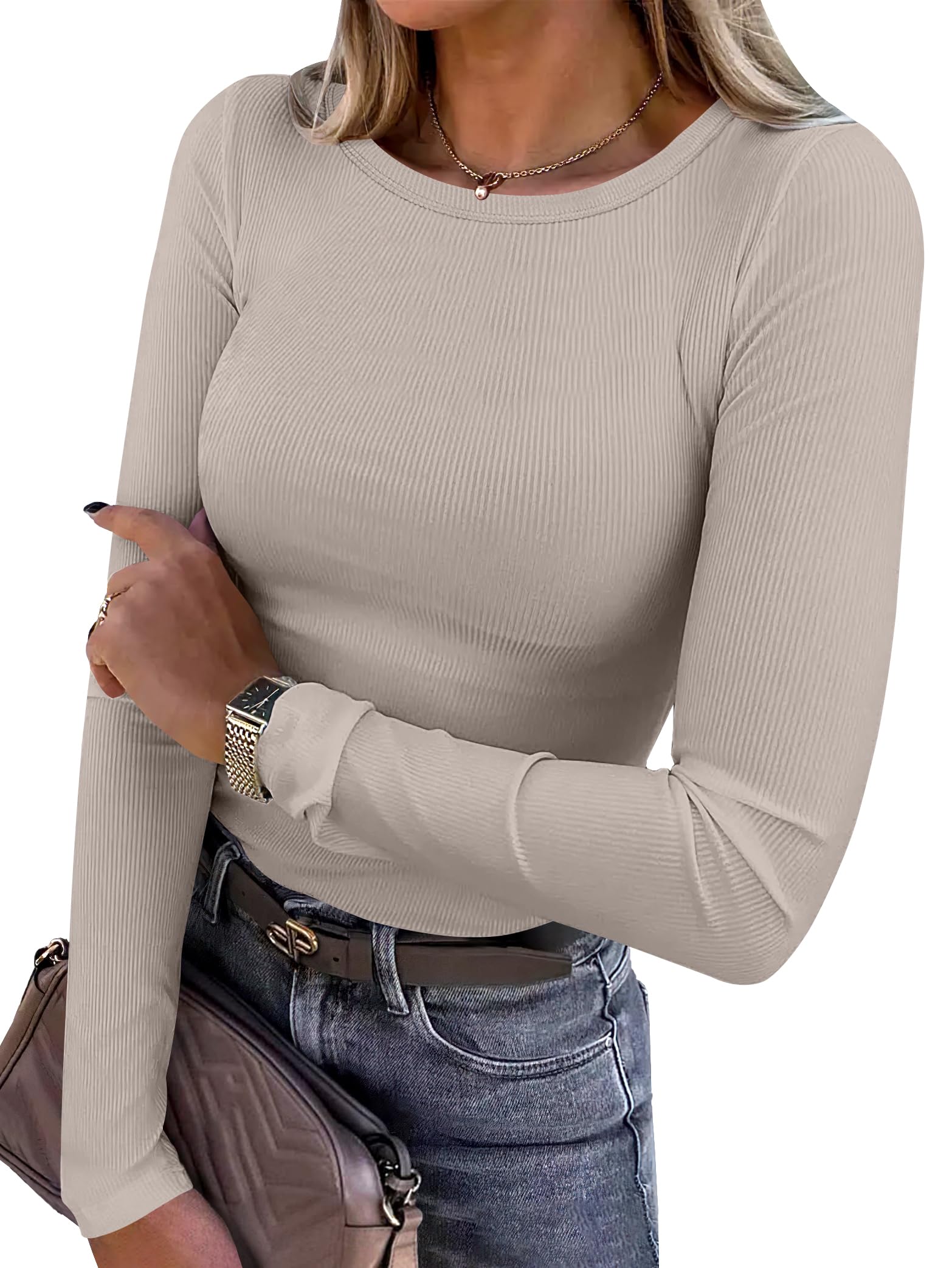 ANRABESS Women Long Sleeve Shirts Ribbed Fitted Tops | Slim Basic Tee,2026 Fall Outfits,Lightweight Knit T-Shirt,Soft Underscrub,Winter Layer Clothing,Casual Work &amp; Everyday Wear