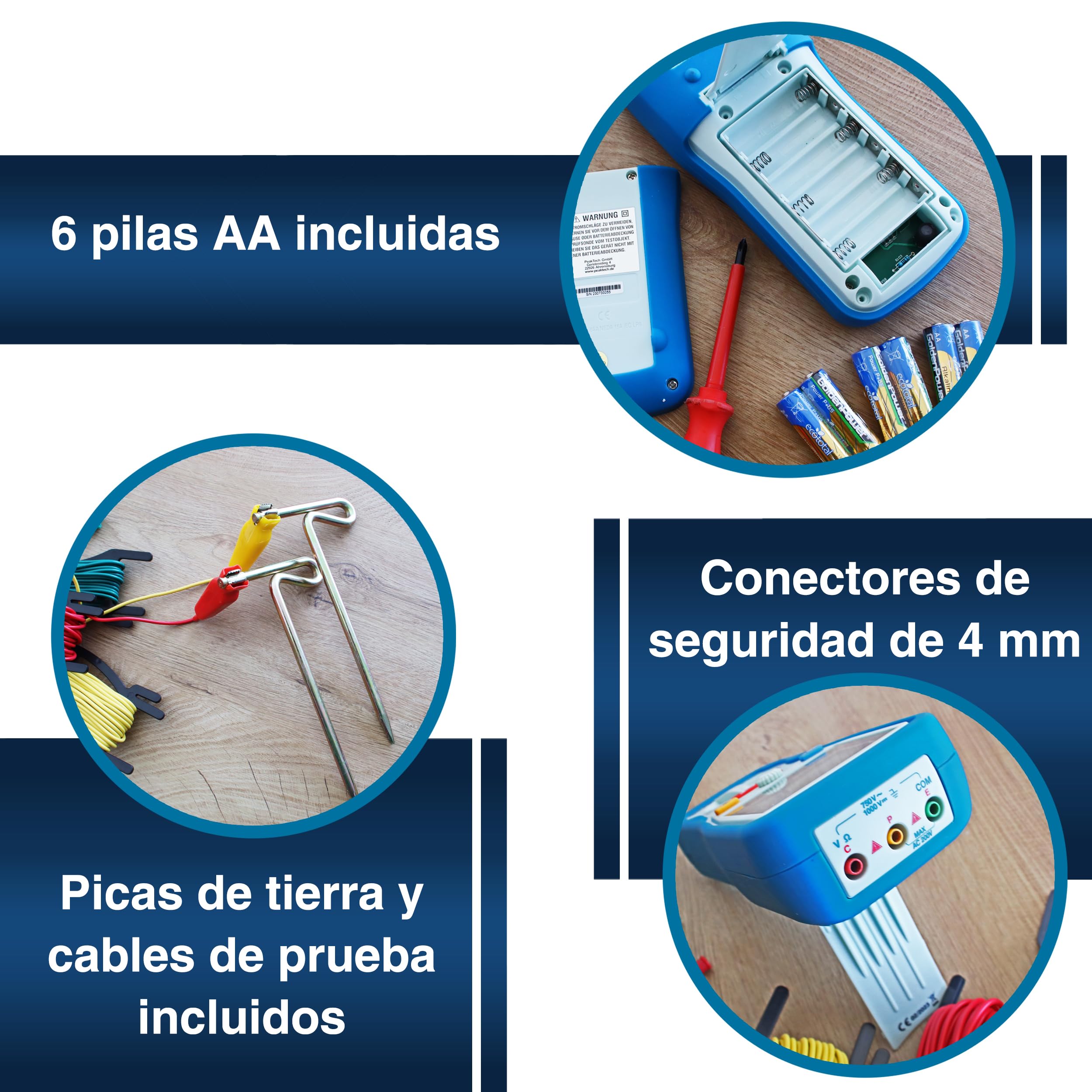 PeakTech 2700 - Probador Digital con Pantalla LCD Doble y 2 Varillas, Resistencia a Tierra, Ac/Dc, Tuv/Gs, Retención de Datos, Desconexión Automática, Puesta a Cero Automática - Cat III 1000 V