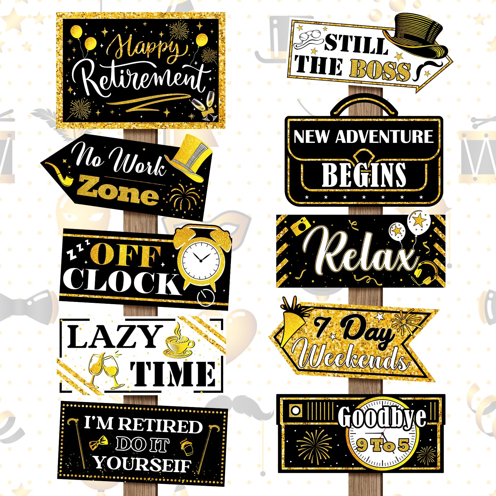 Hooqict Retirement Party Decorations 20 Pieces Happy Retirement Party Signs for Black and Gold Retirement Theme Party Decor Directional Banner Sign Retirement Birthday Party Supplies