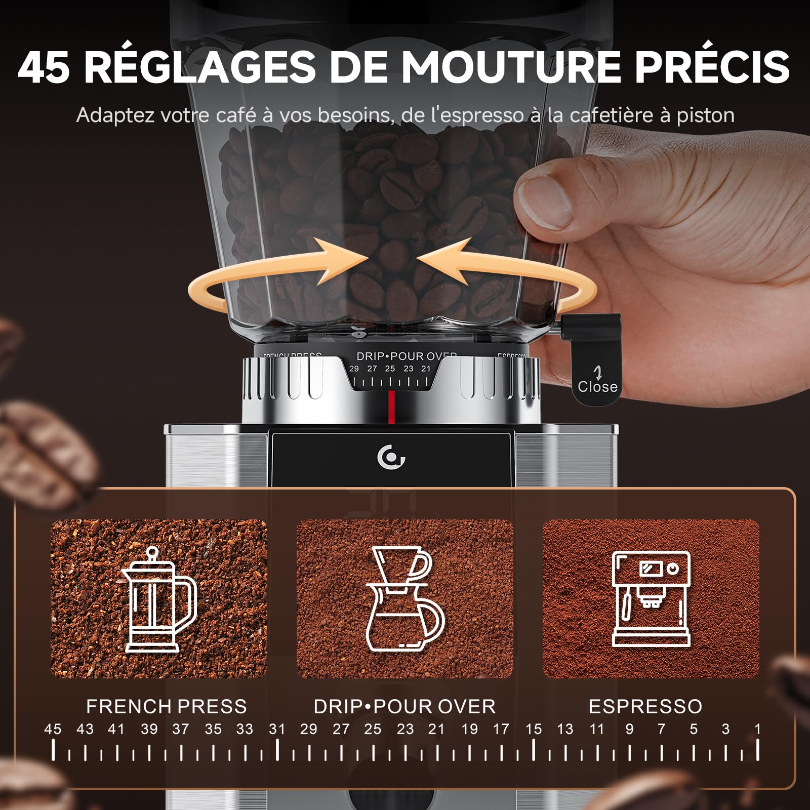 AMZCHEF Moulin à Café Électrique,45 Niveaux de Mouture, Meules Coniques en Acier Inoxydable 40mm, Corps en Acier, Support de Porte-filtre Réglable, Panneau de Contrôle Tactile LED