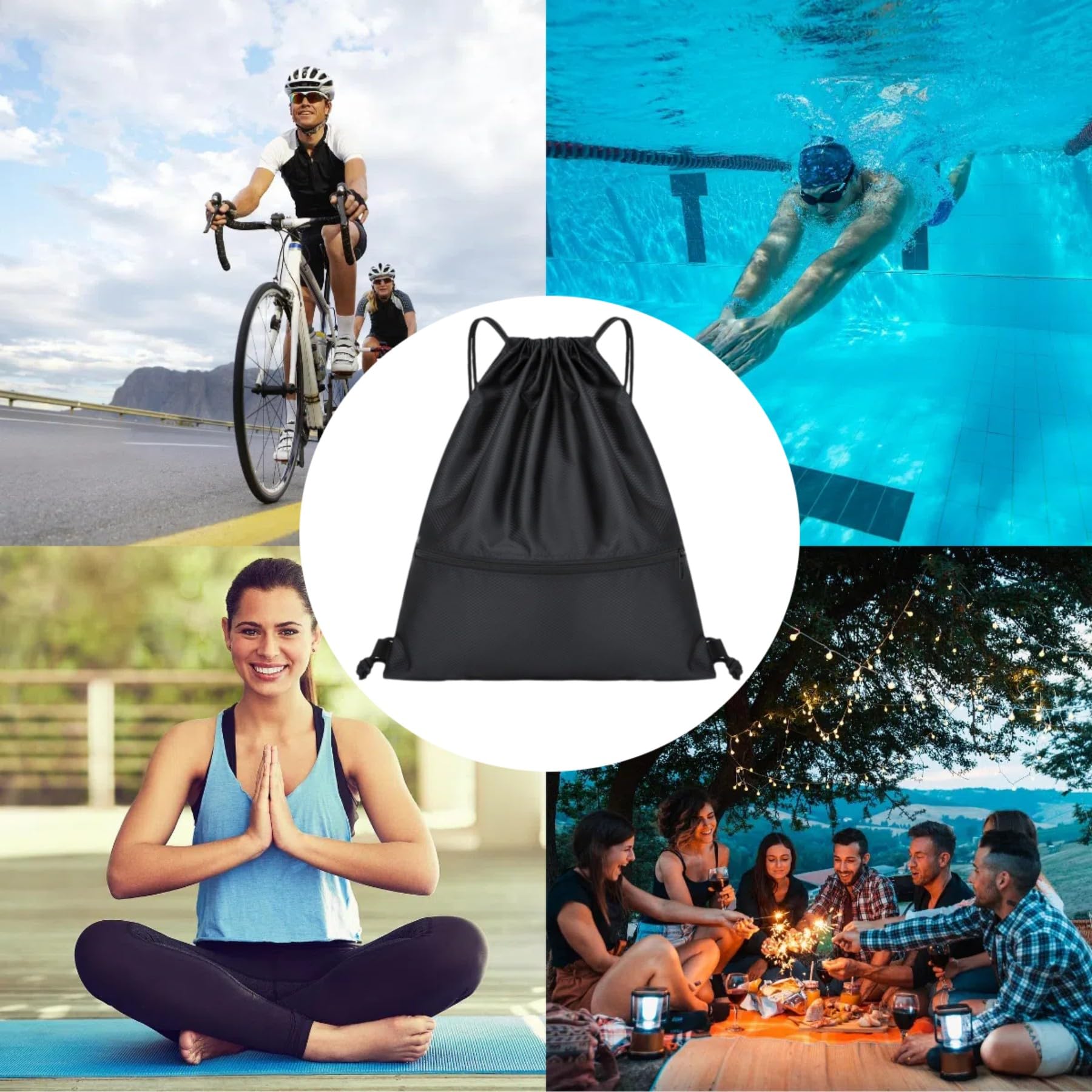 Arae Sac à dos à cordon étanche en tissu Oxford avec poche avant, sac de sport léger pour la remise en forme et les voyages, Noir, S