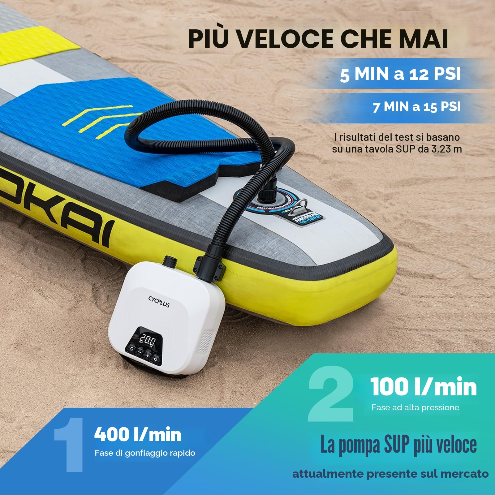 CYCPLUS Pompa d'Aria SUP Smart da 20 PSI, con Batteria Ricaricabile, Gonfiaggio e Sgonfiaggio Intelligente, Arresto Automatico. Ideale per Stand Up Paddle Boards, Aquiloni, Tende, Materassi