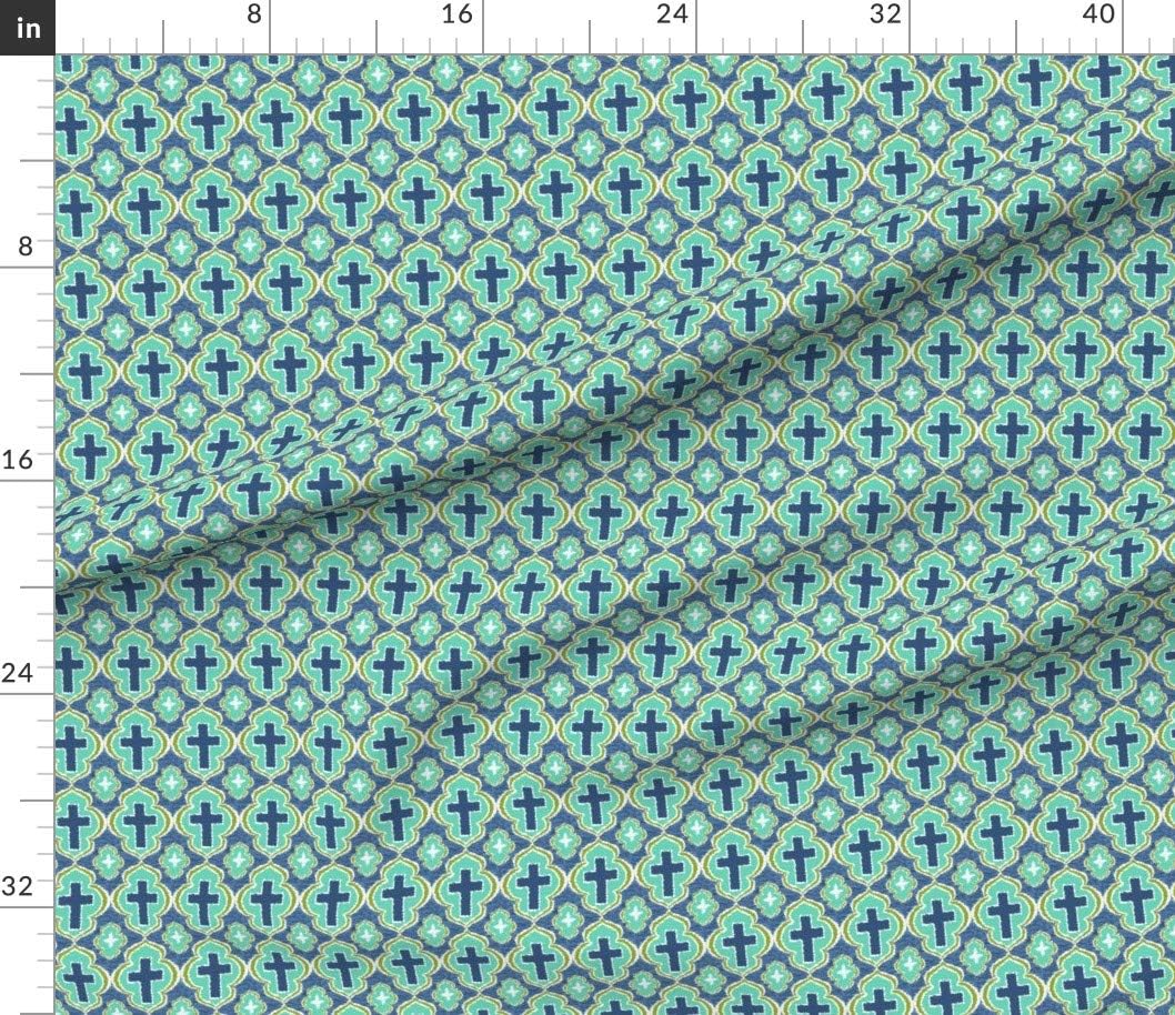 Spoonflower Fabric - Christian Cross Blue Green Bible Church Printed on Petal Signature Cotton Fabric by The Yard - Sewing Quilting Apparel Crafts Decor