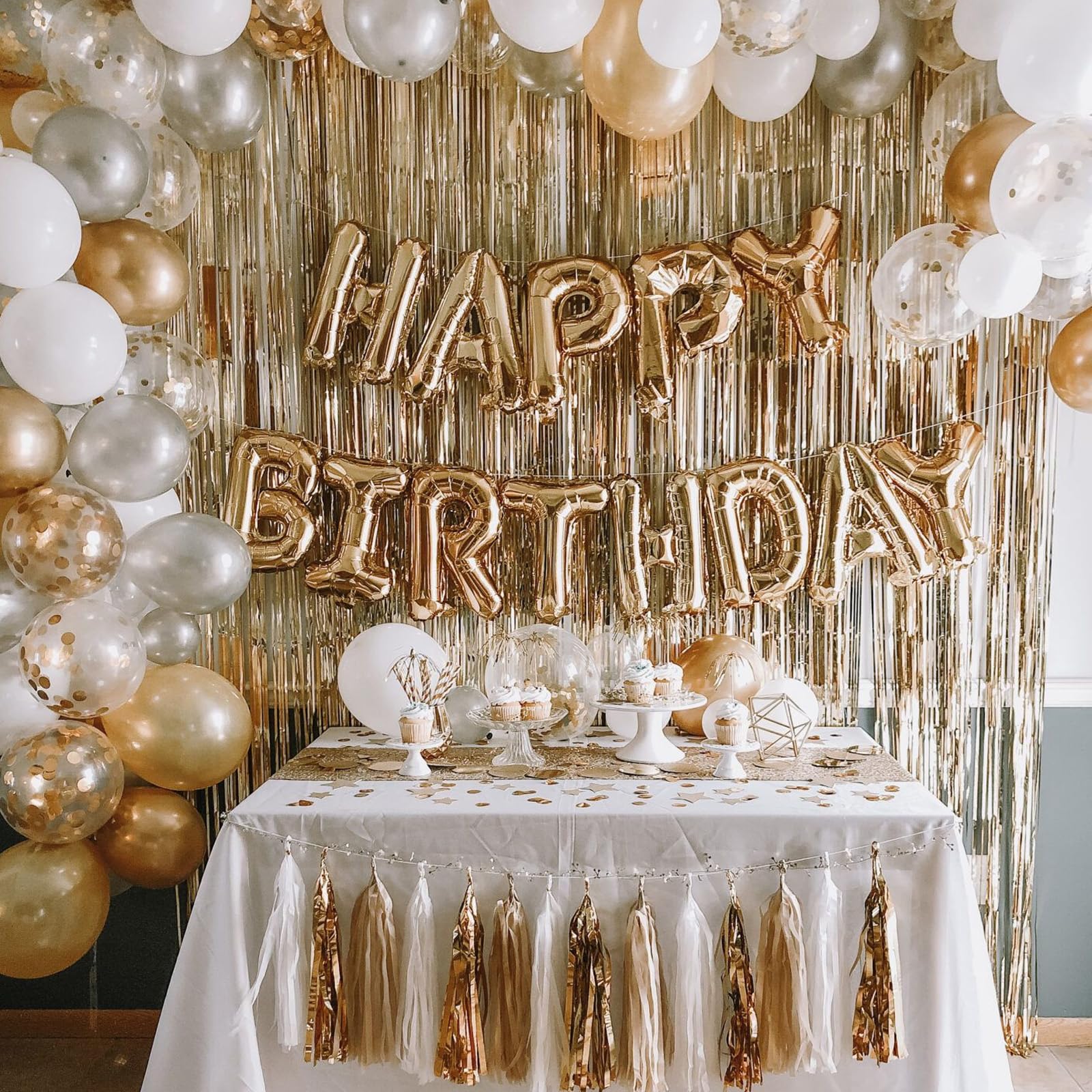 5 Pièces Rideau Anniversaire Or Champagne, Rideau Métallique de Frange, Rideaux Paillettes à Franges, Scintillants Rideaux à Franges, pour Decoration Anniversaire, Fête, Mariage, Noël (1m x 2m)