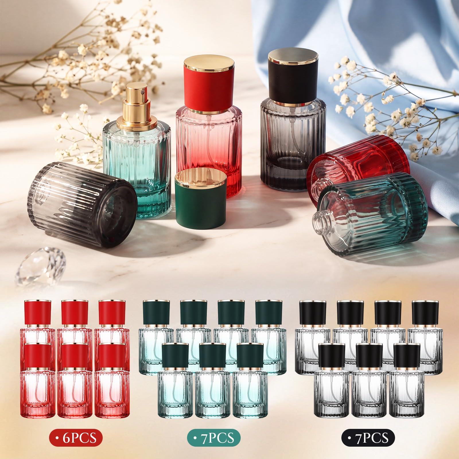 Suclain Confezione da 20 flaconi spray vuoti in vetro da 30 ml, ricaricabili, nebulizzatori a nebbia fine, contenitori da viaggio a coste sfumati, con 6 strumenti di ricarica, per colonia, fragranze