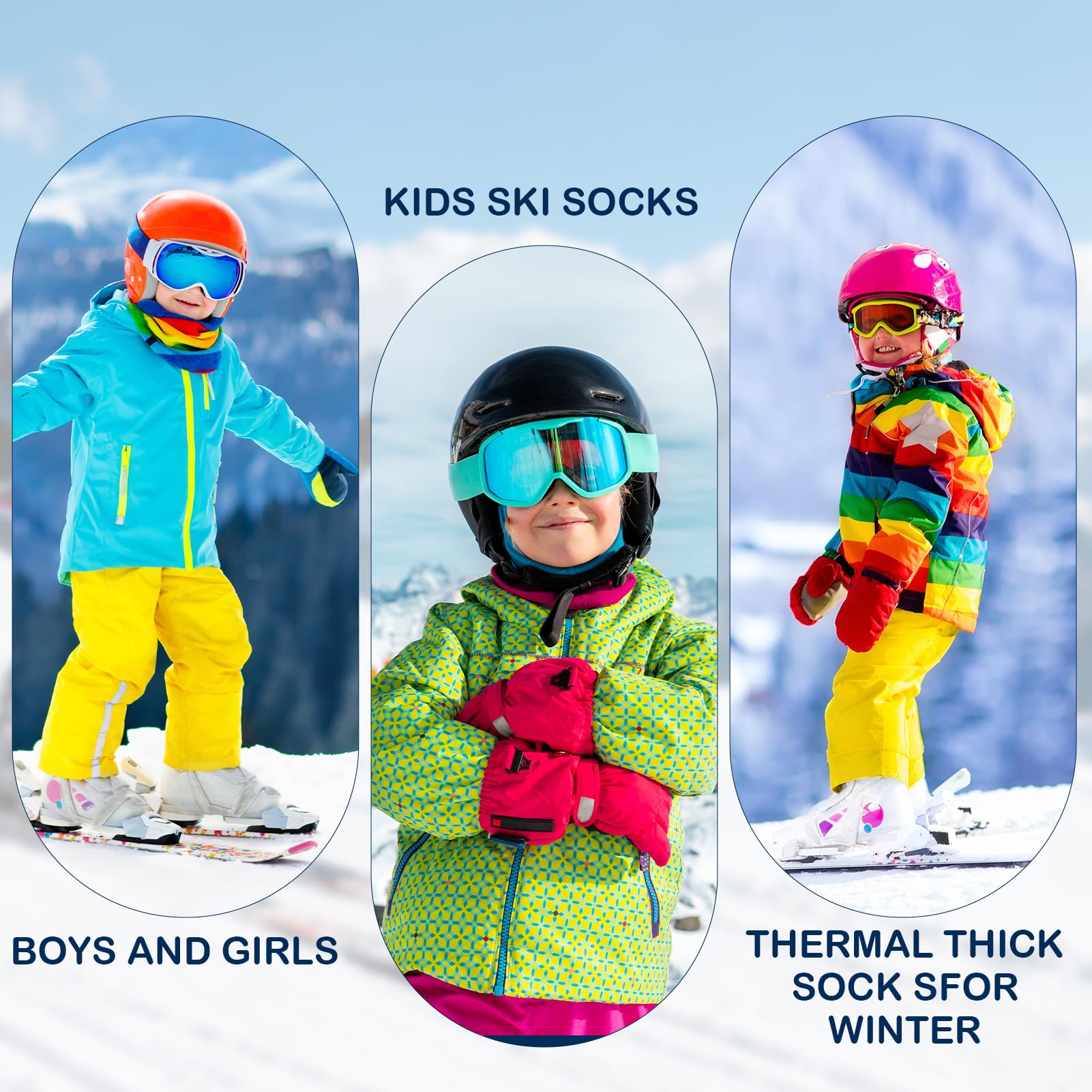 Lot de 6 paires de chaussettes de ski thermiques épaisses en laine mérinos pour garçons et filles - Chaussettes d'hiver pour le ski, le snowboard, la randonnée, les enfants de 8 à 12 ans