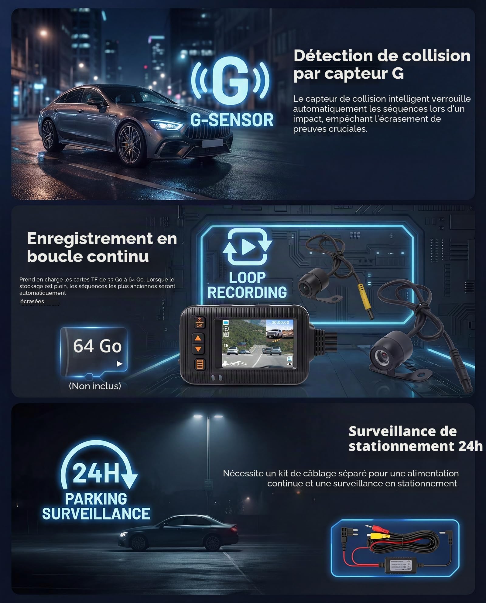 SIXWIN Dashcam Moto HD 1080P Avant/Arrière – Double Caméra IP67 Étanche, Écran 2", G-Sensor, Boucle d'Enregistrement, Grand Angle – Idéal pour Moto, Sport, UTV & ATV