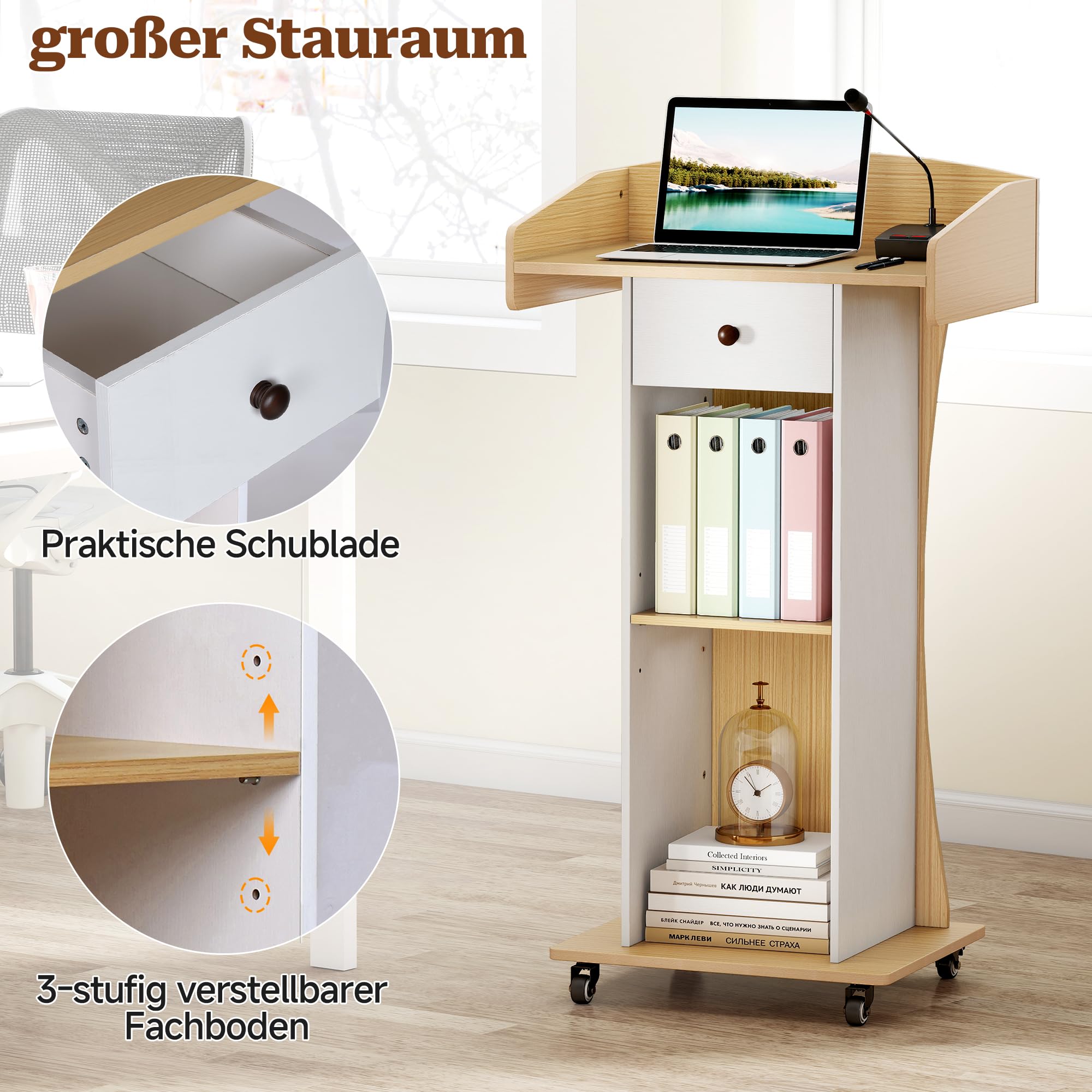 Stehpult mit Rollen und Schublade, Holz Podium für Schulen Kirche, Mobiler Rednerpult für Präsentationen