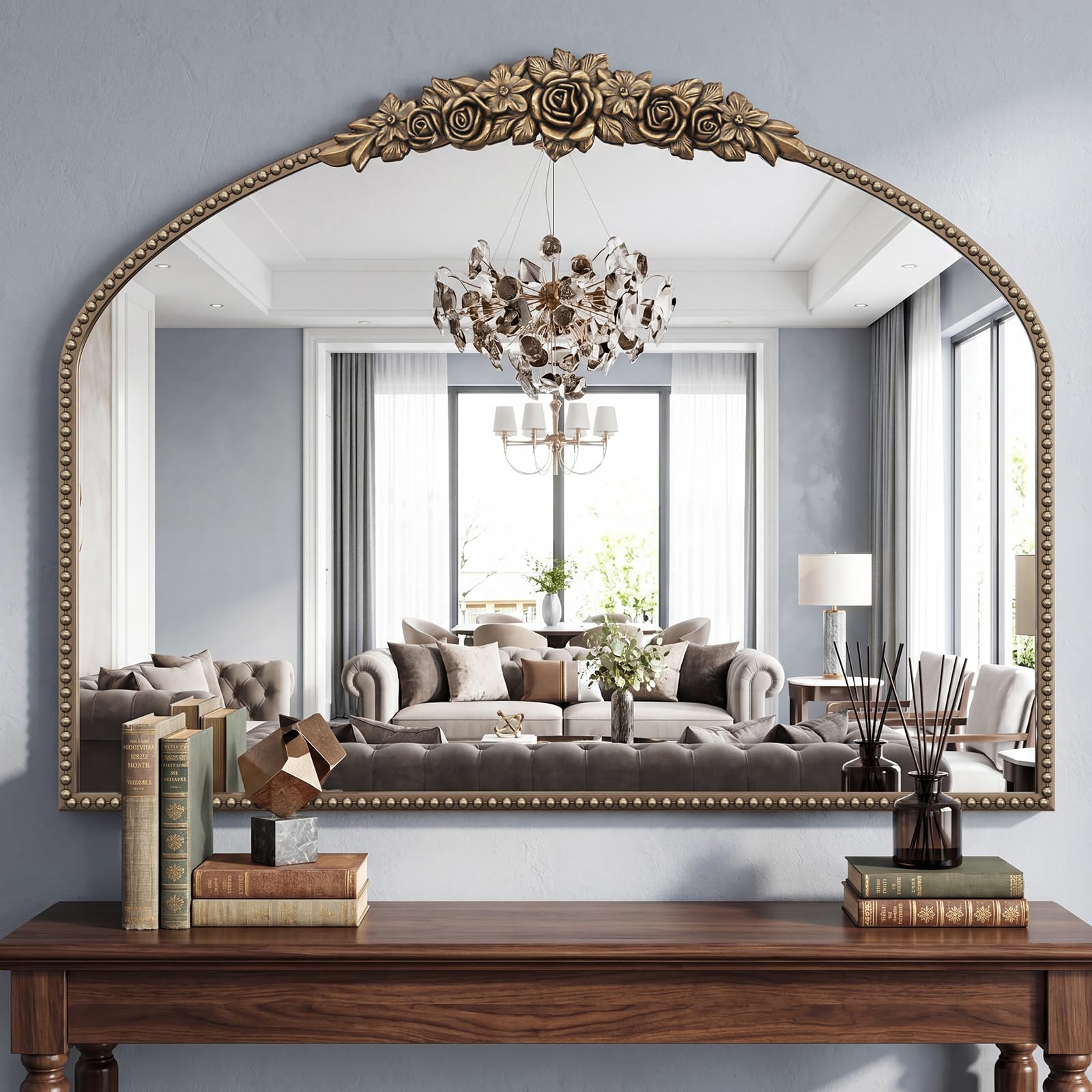 PlushVibes Vintage Baroque Arched Wall Mirror - 36"x28" Retro Bronze Ornate Mirror with Floral Carved Top Beaded Frame for Bathroom, Fireplace, Bedroom, Living Room, Hallway, Bedroom