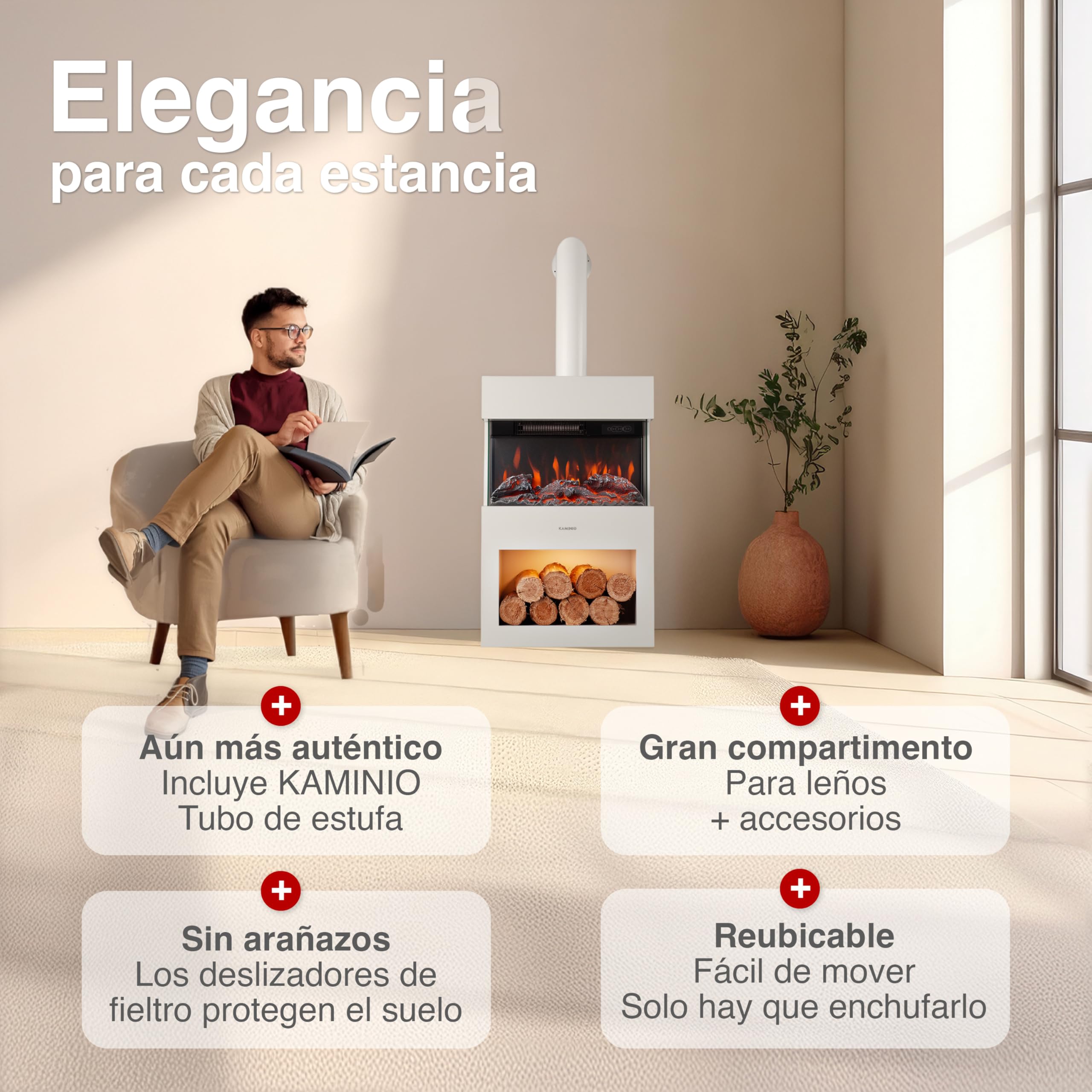 KAMINIO® Henri Chimenea eléctrica con Calefactor & Tubo de Estufa [Blanco]
