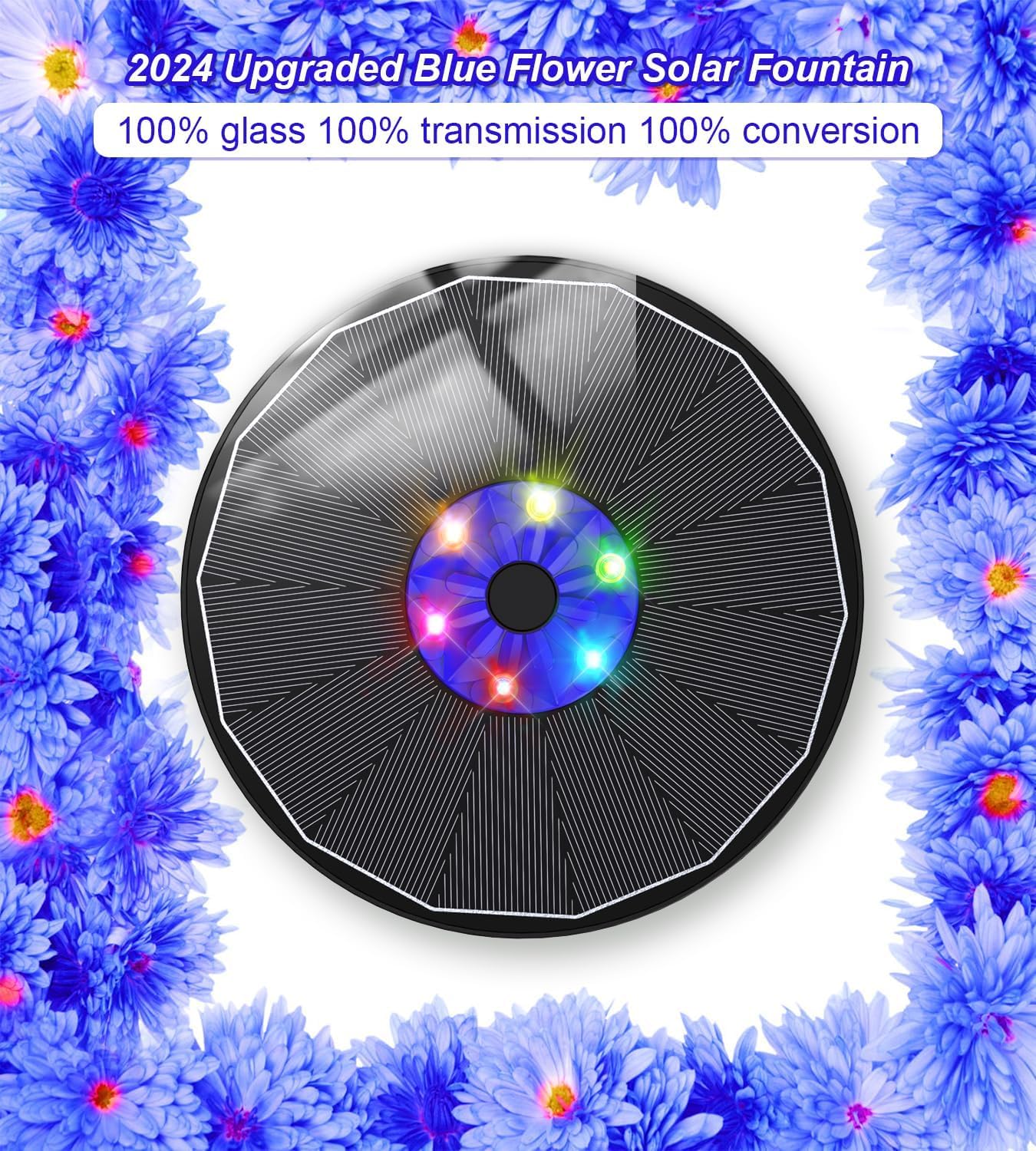 SZMP Fontaine Solaire LED Colorées, 3.5W Extérieur Flottante Pompe Bassin Solaire, 2200mAh Batterie, 2025 Fontaine Solaire Verre avec 7 Buses & 4 Tiges Fixes pour Bain d'oiseaux Aquarium Jardin