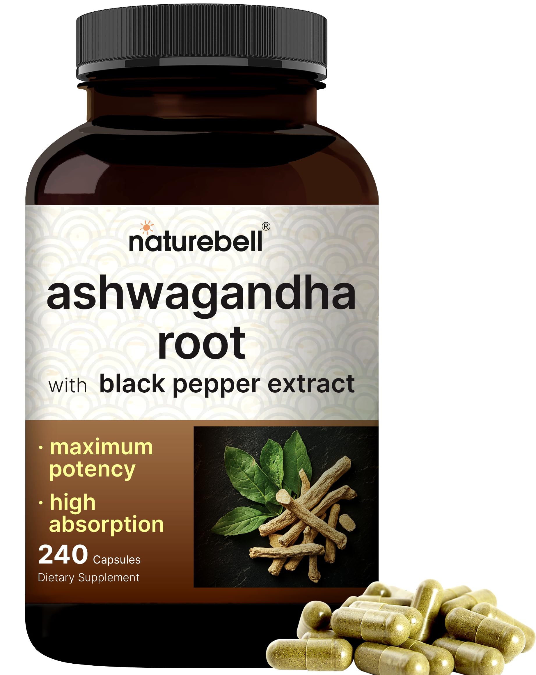 NatureBell Ashwagandha with Black Pepper, 240 Capsules | High Absorption Complex – Extra Strength Root Extract – Adaptogens Supplements for Relaxation – Non-GMO