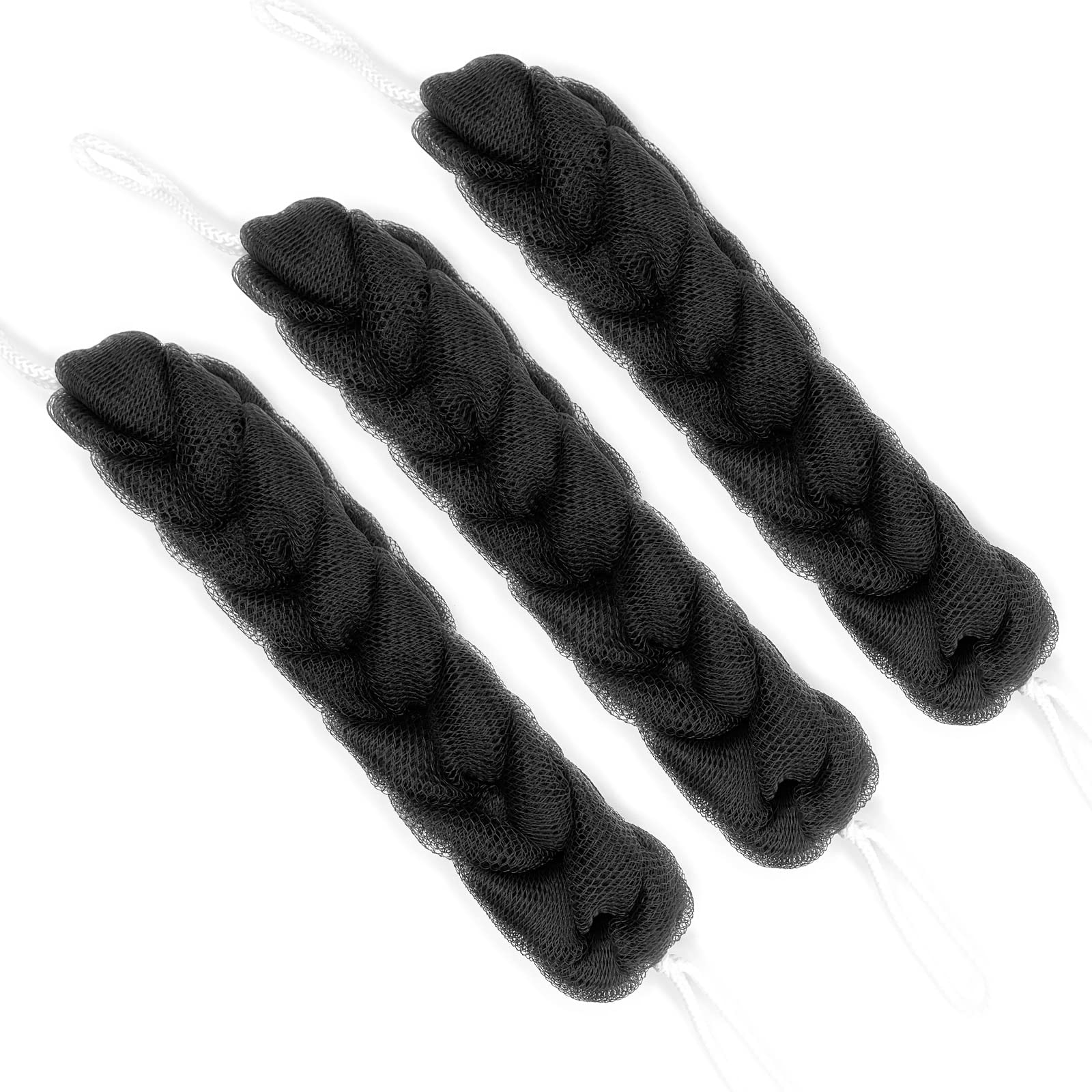 PPHAO - Paquete de 3 esponjas de carbón para ducha - Esponja larga de lufa para mujer - Esponja de baño - Esponja de lufa para la ducha exfoliante para hombres y mujeres - 21.5 pulgadas - Loofah negra