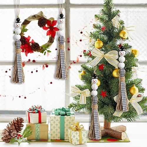 Miniatura 6 de ARCHCRTC Adorno colgante de cuentas de madera de muñeco de nieve, guirnalda de cuentas de muñeco de nieve de Navidad con borla a cuadros para