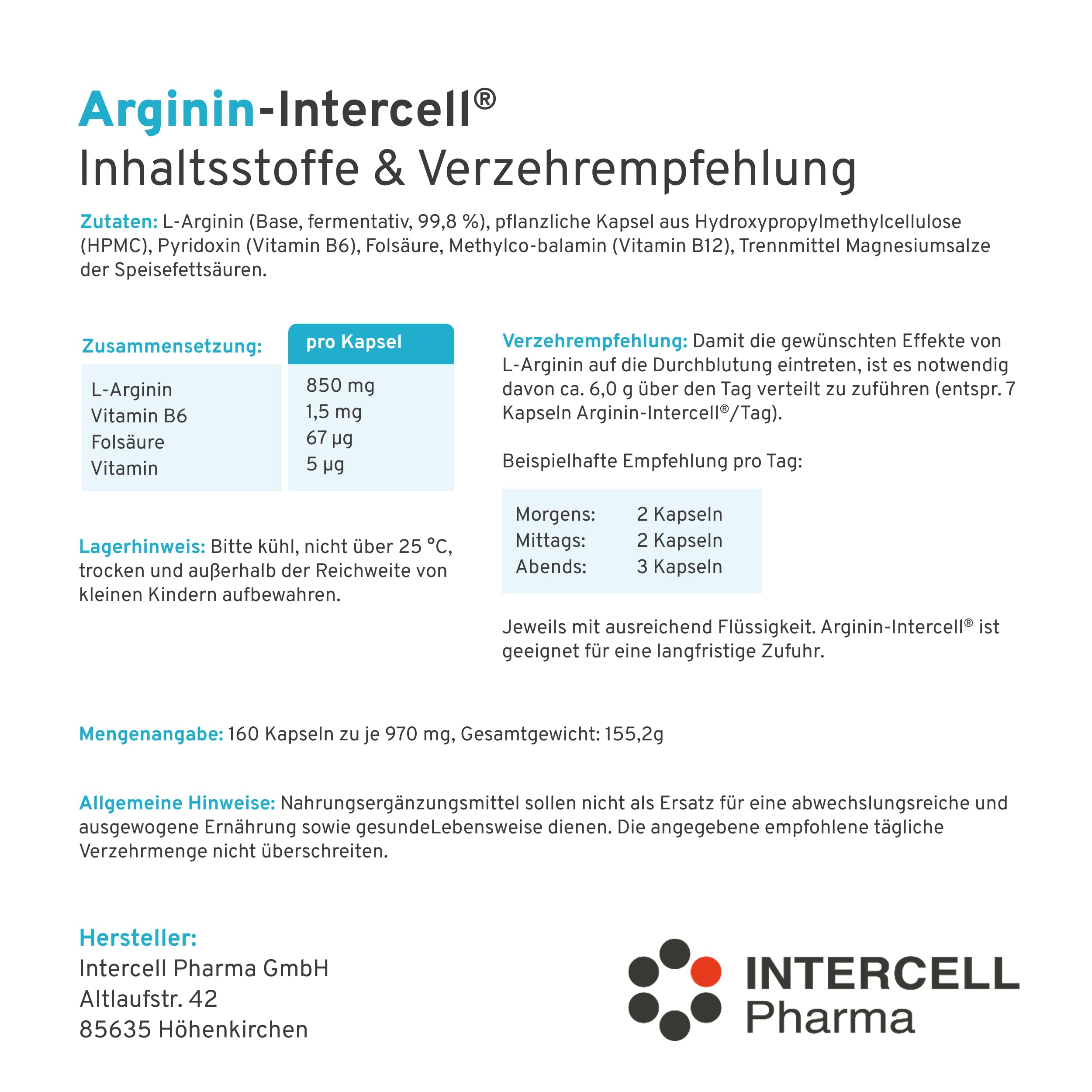 Arginin Intercell (160 Kapseln) – Reines L-Arginin Base aus pflanzlicher Fermentation (99,8%) – Hochdosiert zum Diätmanagement – Mit B6, B12 & Folsäure – Vegan