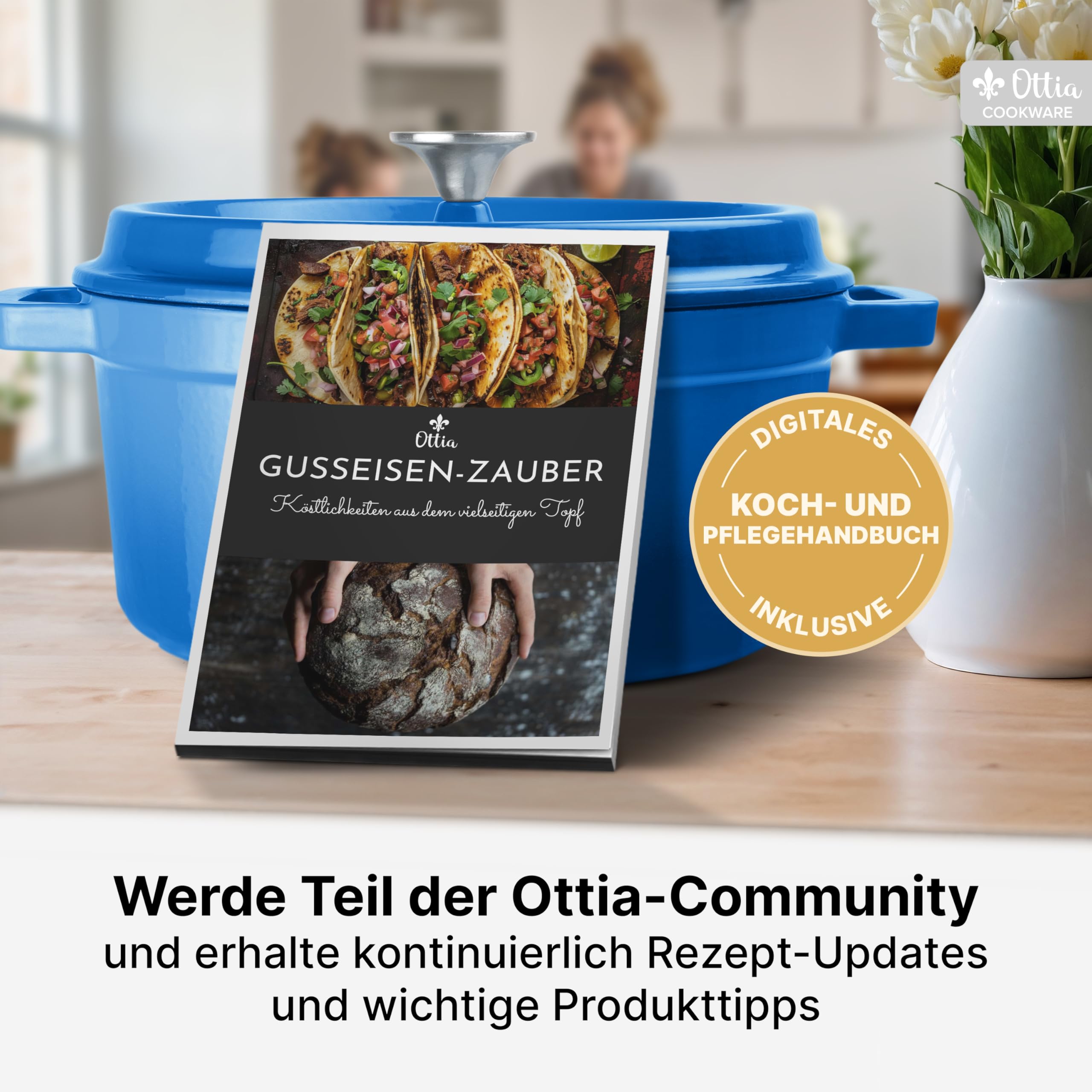 Ottia Pentola in Ghisa, 22 cm, 3 Litri, Smalto Premium, Casseruola per Brasati con Coperchio, Pentola in Ghisa, Dutch Oven, Teglia per Pane, Pentola per Pane, Adatta a Tutti i Tipi di Piano di Cottura