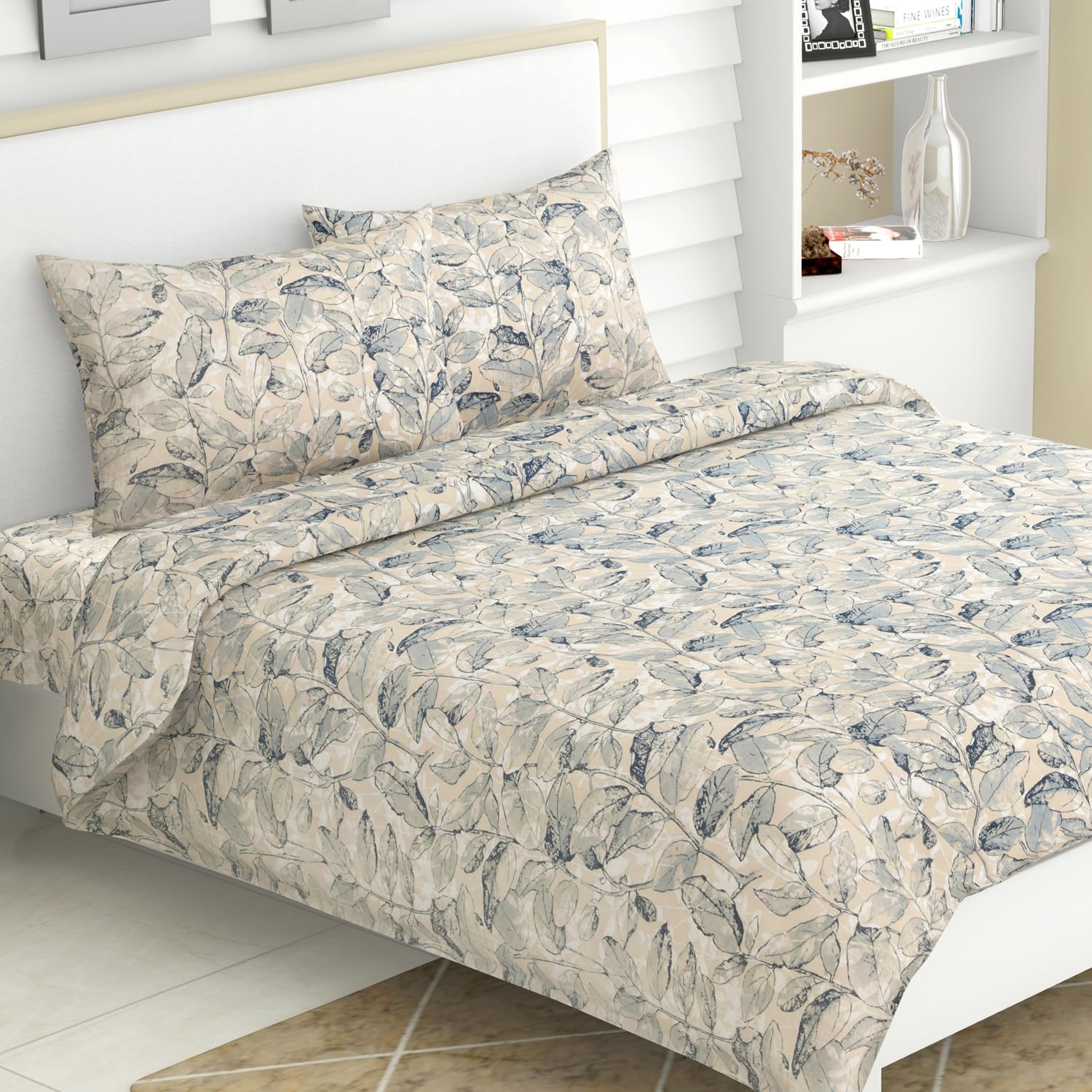 haus & kinder Cotton Queen Size Bedsheet for Double Bed, 1 Cotton Bed Sheet Double Bed (90 X 100 Inches) with 2 Pillow Covers | 186TC Bed Sheet Double Bed Cotton | Leafy Oasis (Blue)