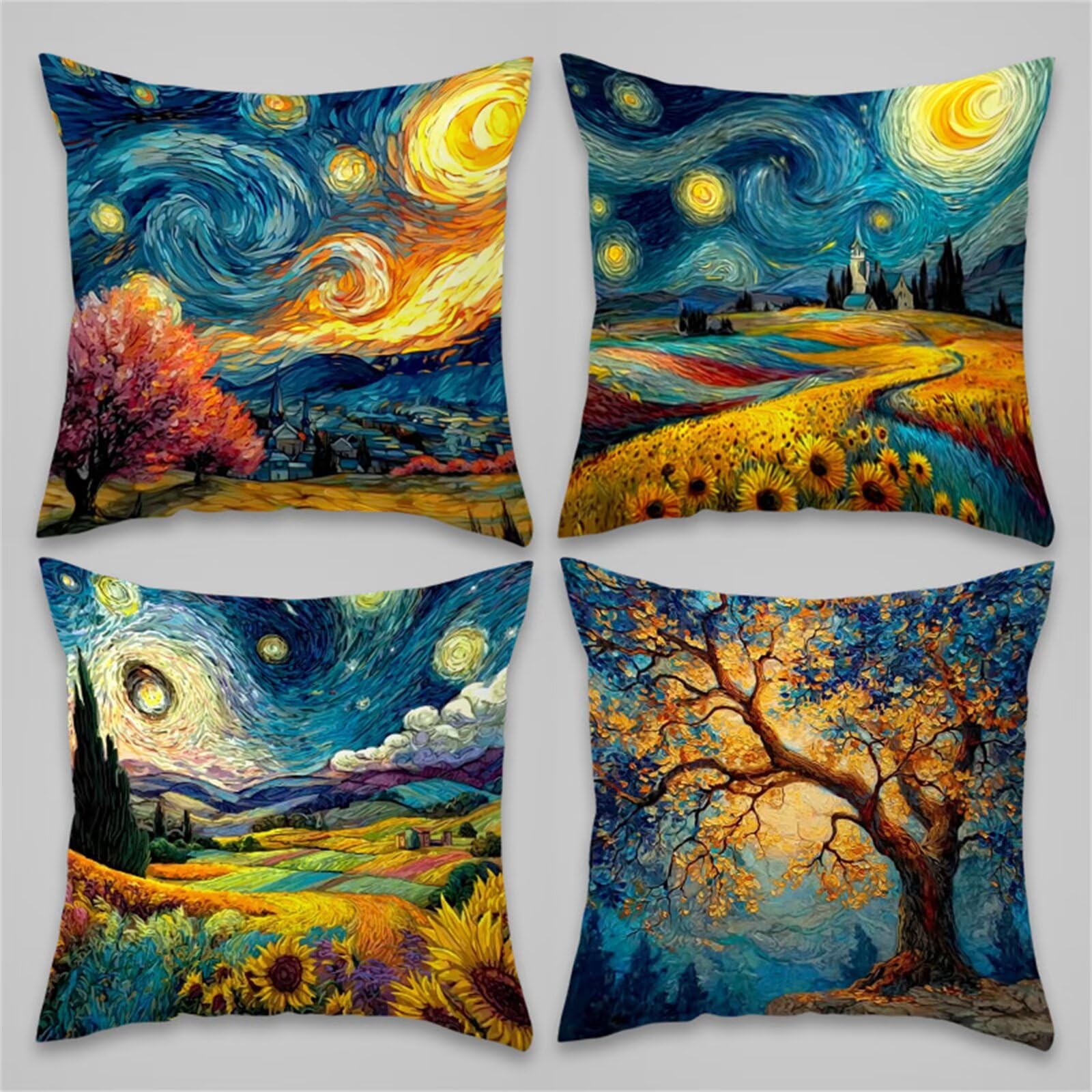 Housse de Coussin 55x55 cm Lot de 4, Paysage Nuit Étoilée Taie d'oreiller Décorative Moderne Housse d'oreiller en Lin esthétique pour Canapé Salon de Jardin Patio Maison Décor