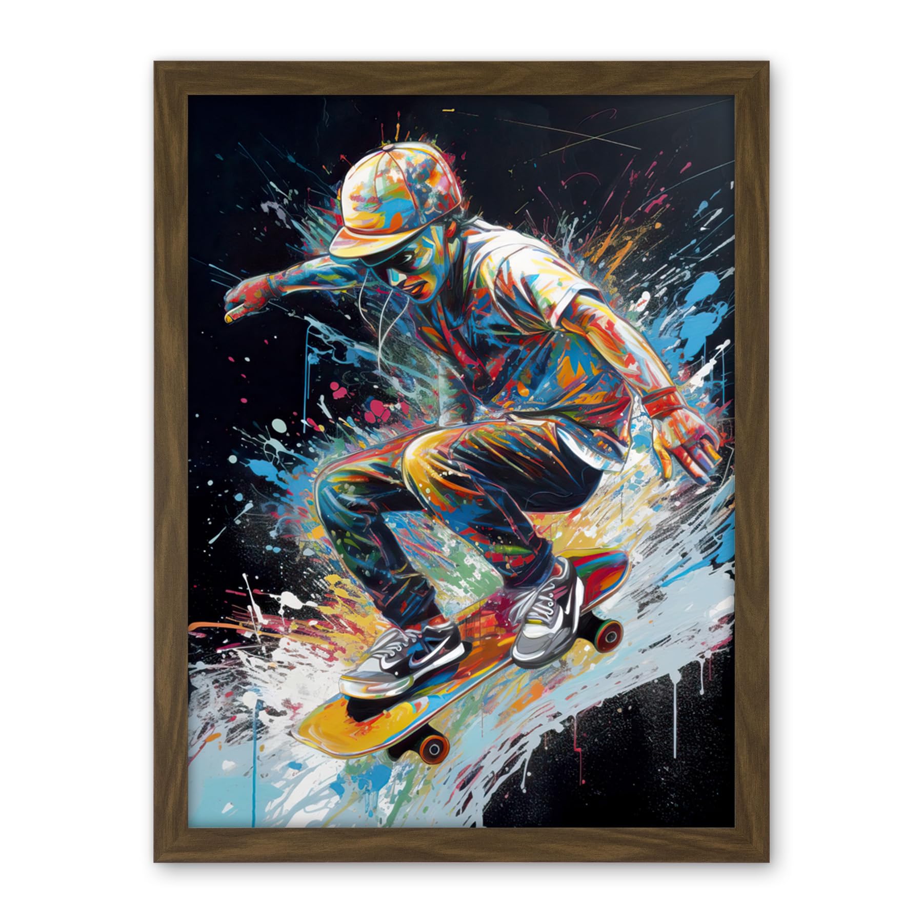 Artery8 Skateboarder Skating Multicoloured Splat Paint Artwork Framed Wall Art Print 18X24 Inch