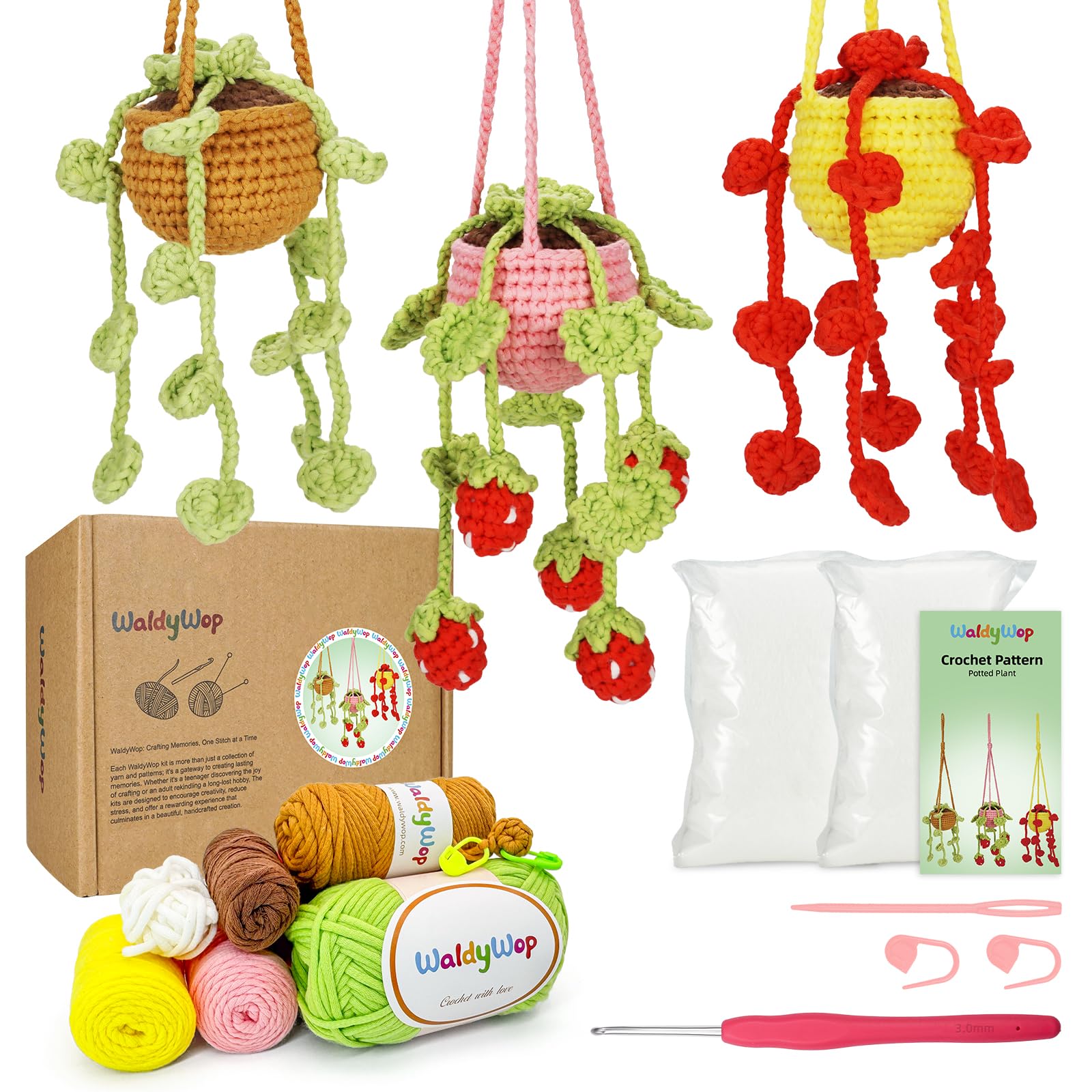 WaldyWop Crochet Kit for Beginners: 3 PCS Hanging Potted Crochet Plants Kits for Adults Kids 8-12 - Easy Video Tutorials &amp; Printed Instructions &amp; 40% Extra Yarn - DIY Birthday Gift Set for Girls Women