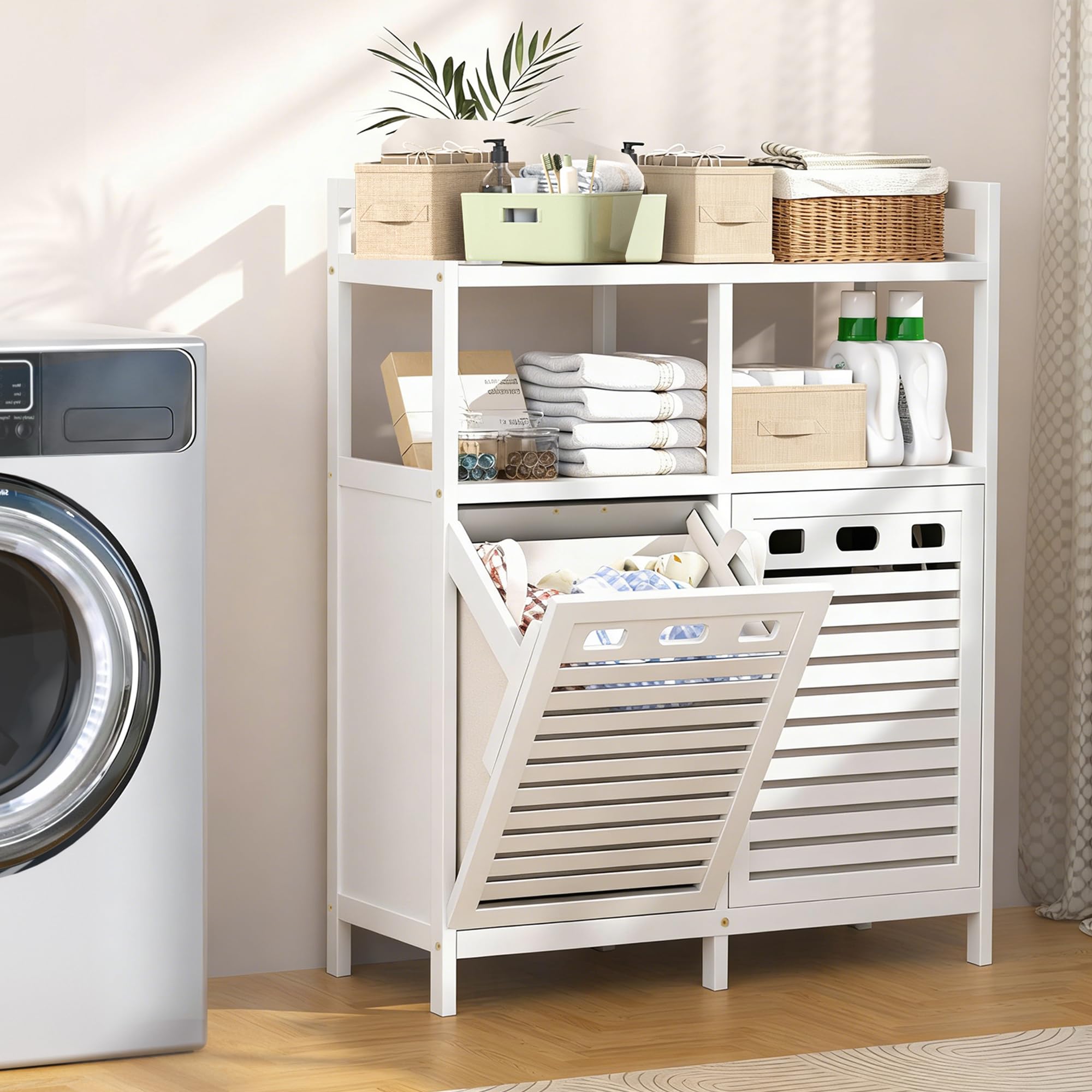 VASMIA Armario de Baño con Cesto de La Ropa, Bambú Mueble de Baño con Bolsas para La Ropa, con 2 Estantes, con Cestas de Lavandería Extraíbles (2*38 L), para Baño, Dormitorio, Cuarto de Lavado, Blanco