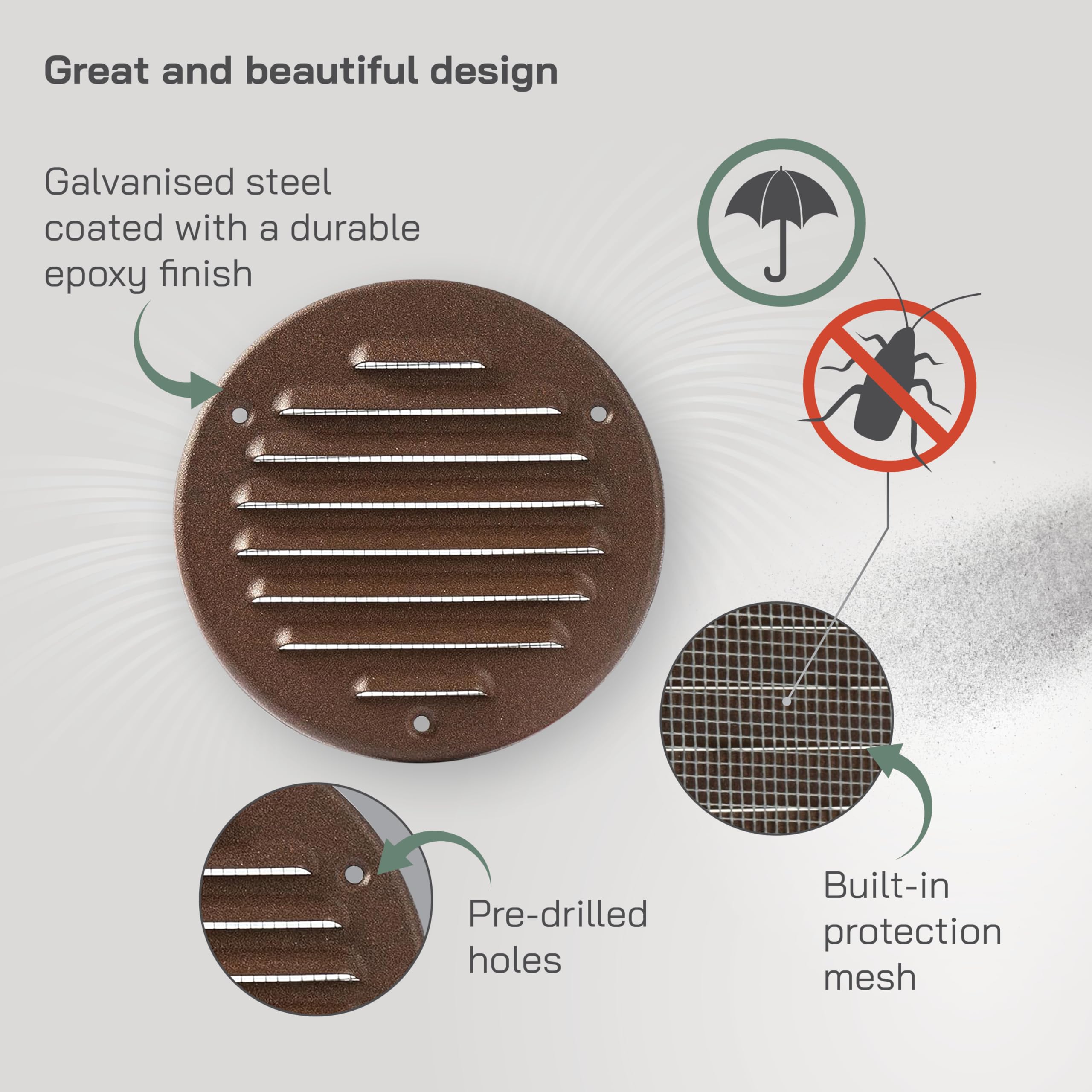Vent Systems 100 mm / 3.94" Inch, Brown Metal Vent Cover, Round Soffit Air Vent Louver, Grille Cover, Built-in Mesh Screen - Image 3