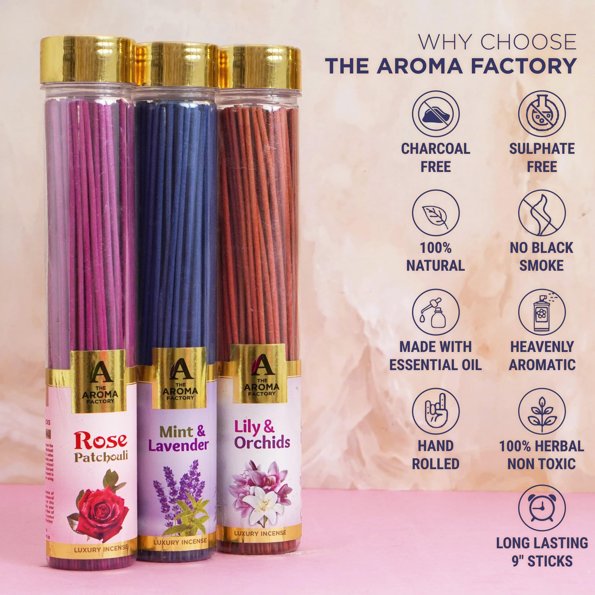 The Aroma Factory Varillas de incienso orgánico (hierbas Agarbatti para difuminar, limpiar) 0% carbón, 0% azufre, 3 botellas de 100 g (pachulí rosa, menta, lavanda, lirio y orquídea)