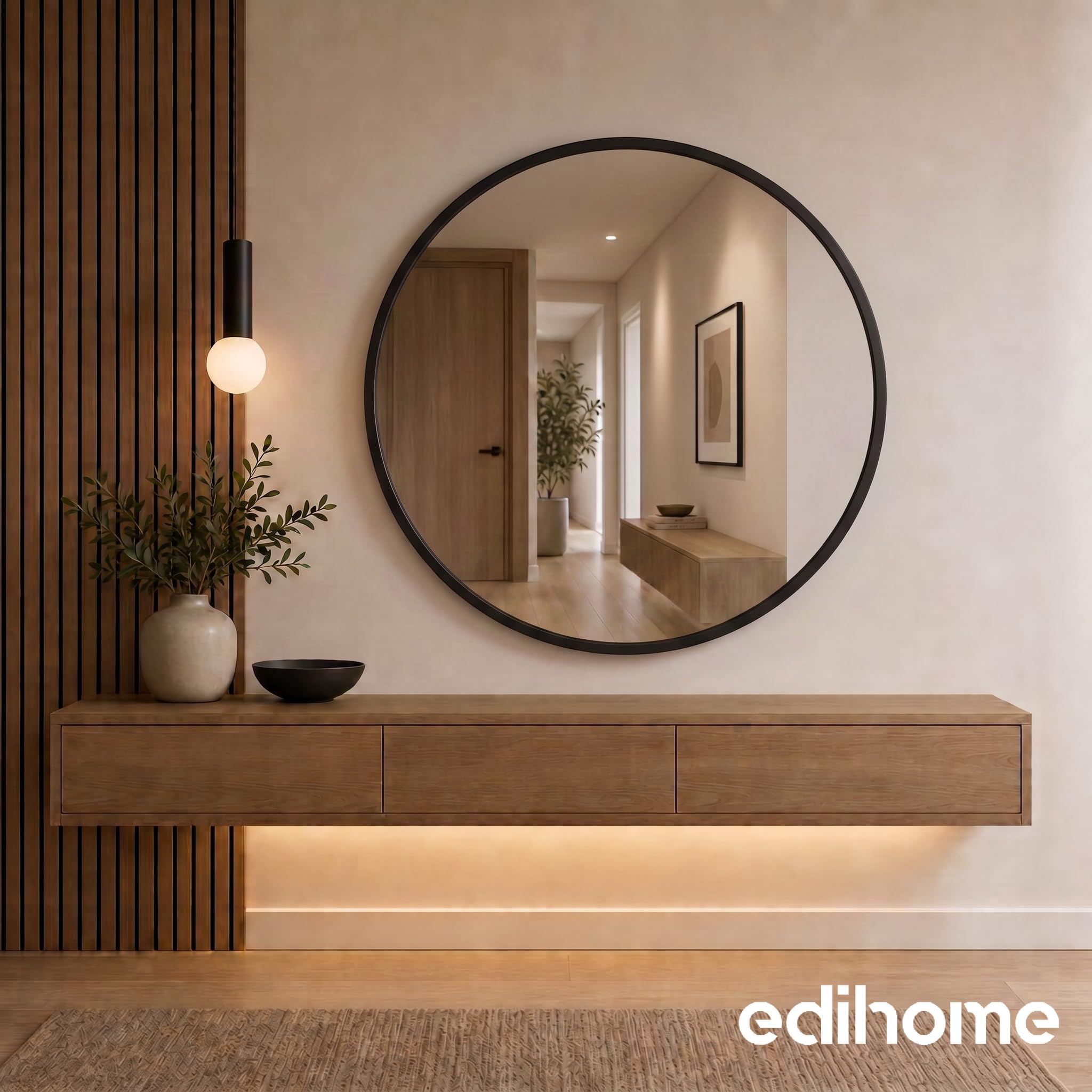 edihome, Espejo Redondo Grande de Pared, Negro 120 cm - Marco de Metal, Decorativo y Colgante, para Baño, Entrada, Recibidor, Pasillo, Dormitorio y Salón