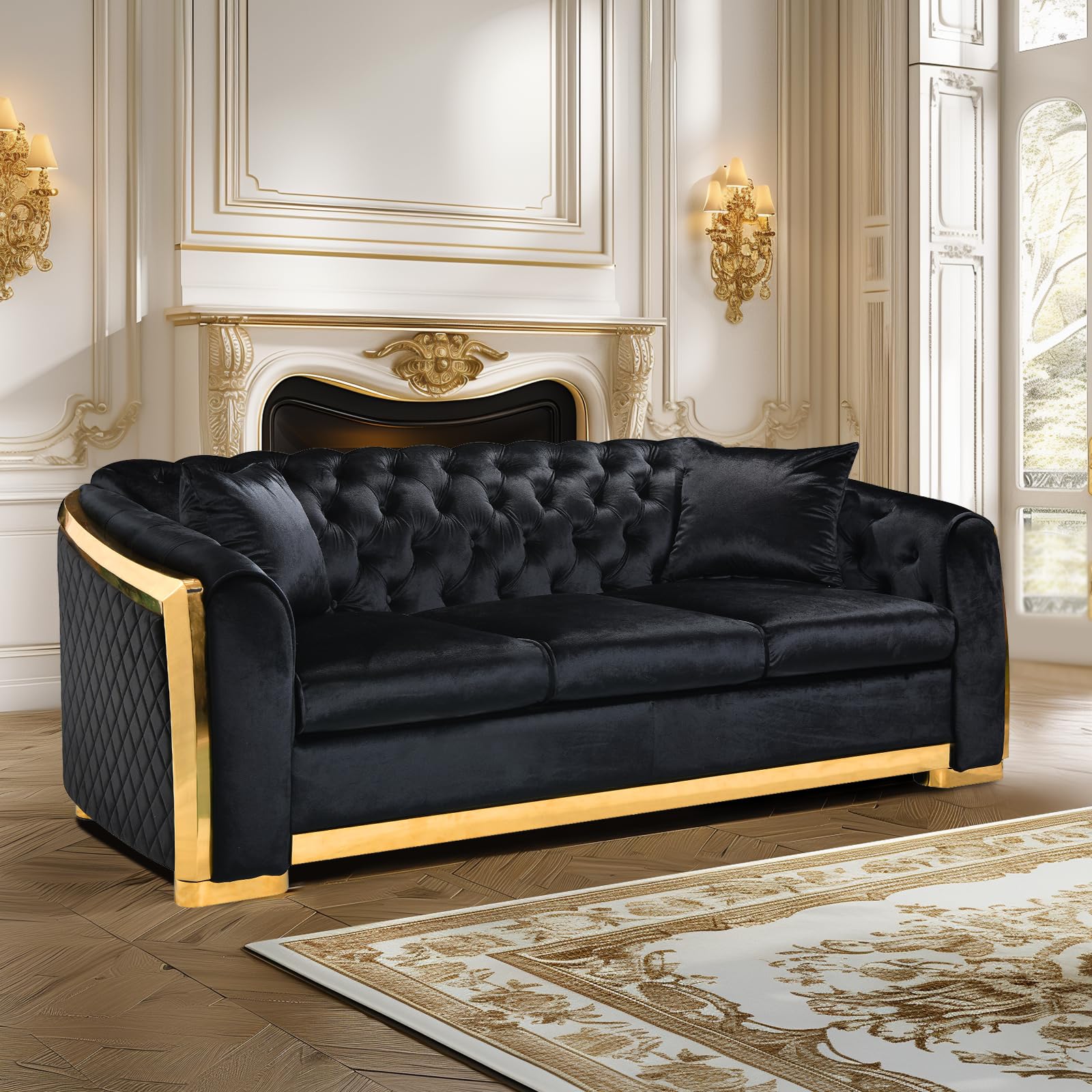 Photo 1 of ***BOX 2 of 2 Only***89 Inch Velvet Chesterfield Sofa, Black Velvet Couch for Living Room, 3 Seater Tufted Couch Luxury Modern Upholstered Sofa with Tufted Back&Gold Legs, 2 Pillows Included, for Office, Apartment