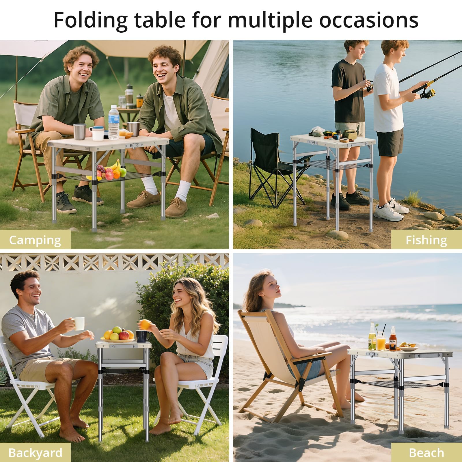 Anbte Table Pliante 58x40x26/48/70cm, 3 Hauteurs Réglables, Argent et Beige | Plateau en Plastique Étanche, Cadre en Aluminium, Facile à Nettoyer, Table légère pour Camping, Jardin, Terrasse, Intérieur