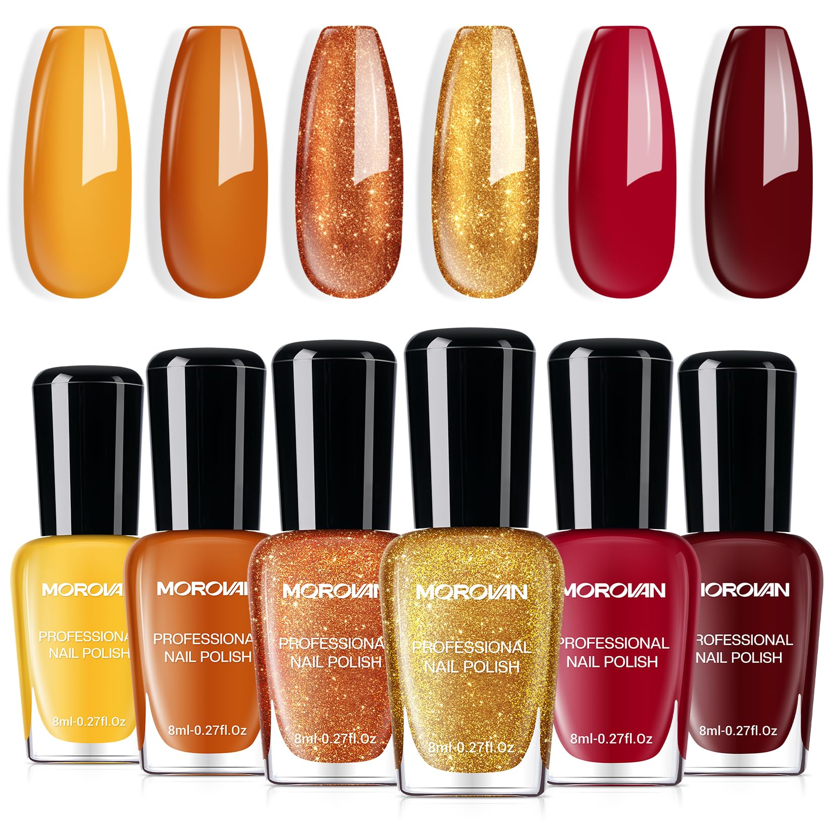 Morovan Fall Nail Polish Set 6 Gold Maple Leaf Nail Polish Kit 2025 Glitter Autumn Fingernail Pumpkin Yellow