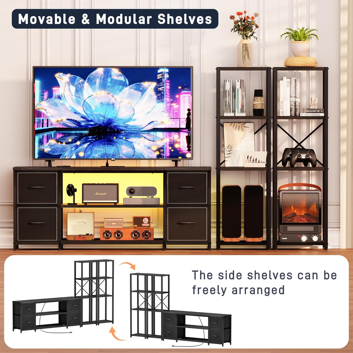 LED TV Stand 60 Inch for Living Room with Charging Station, Farmhouse Entertainment Center with 2 Industrial Bookshelves, Modern Console Cabinet with Storage Drawers (Black) - Image 6
