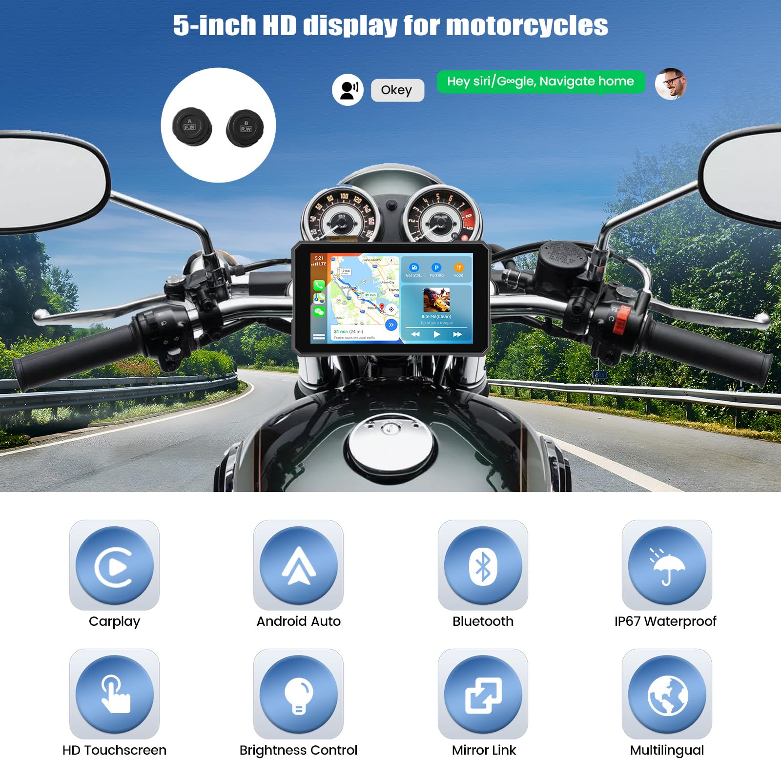 CAMECHO Motorrad CarPlay mit Dual-Kameras, 8.1“ Wireless CarPlay & Android Auto IPS68 Bildschirm, Motorrad navi Unterstützung Bluetooth/Mirror-Link/Bluetooth/EQ/Druckdetektion - 2