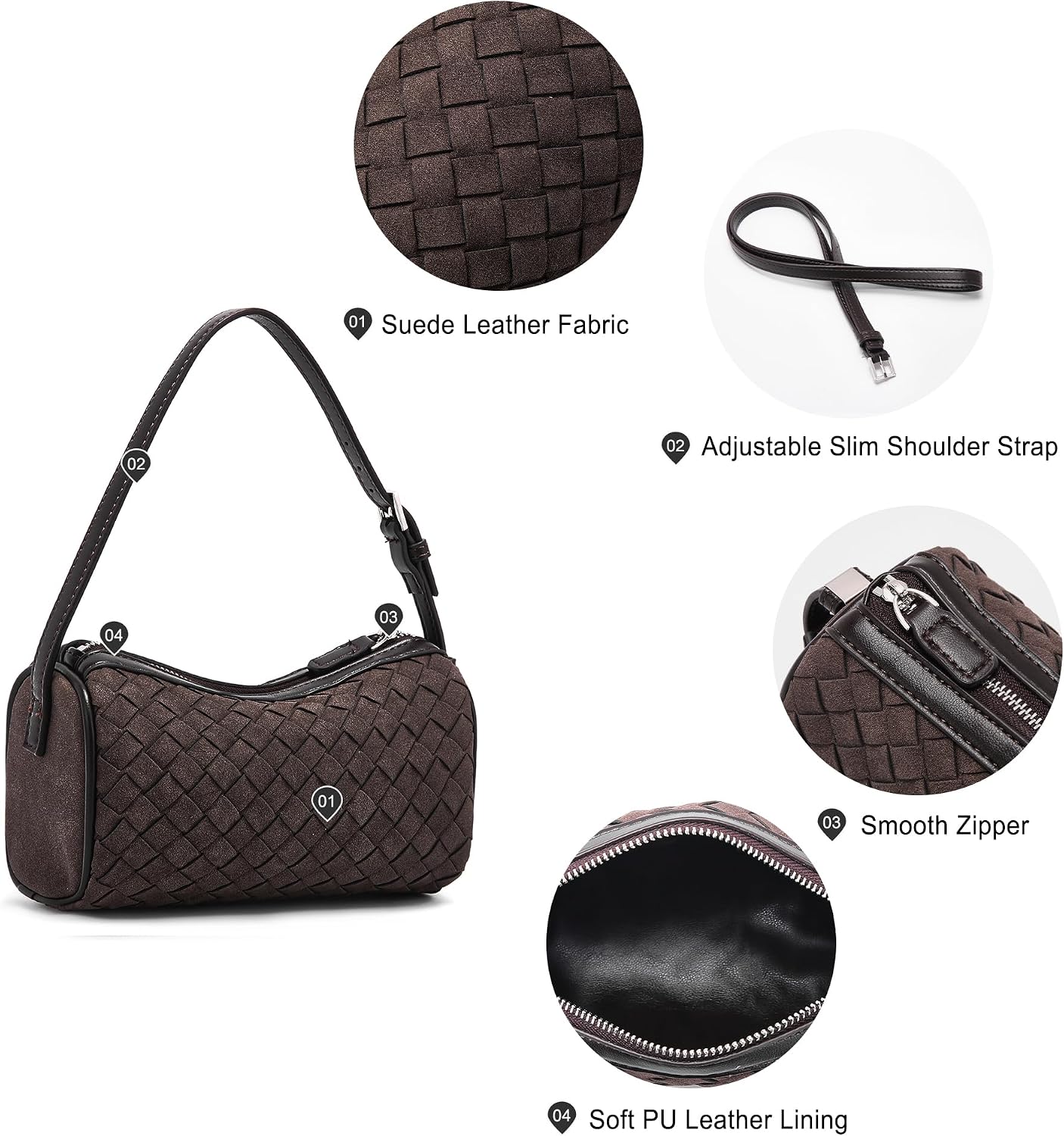 Mini Purse Woven Bag for Women: Vegan Leather Suede Shoulder Bag - Small Barrel Bag Little Crossbody Handbag