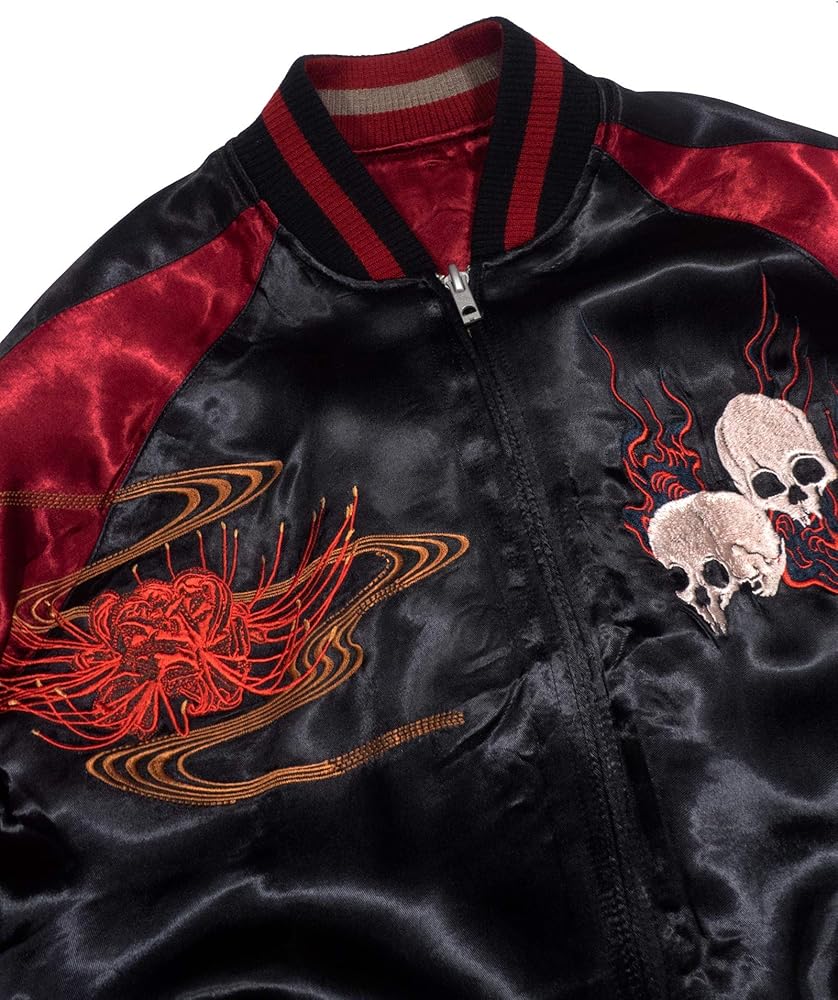 希少美品✨️花旅楽団 スカジャン 白拍子 髑髏 彼岸花 刺繍 リバーシブル XL SSJ-002 白拍子髑髏柄刺繍リバーシブルスカジャン - スカジャン