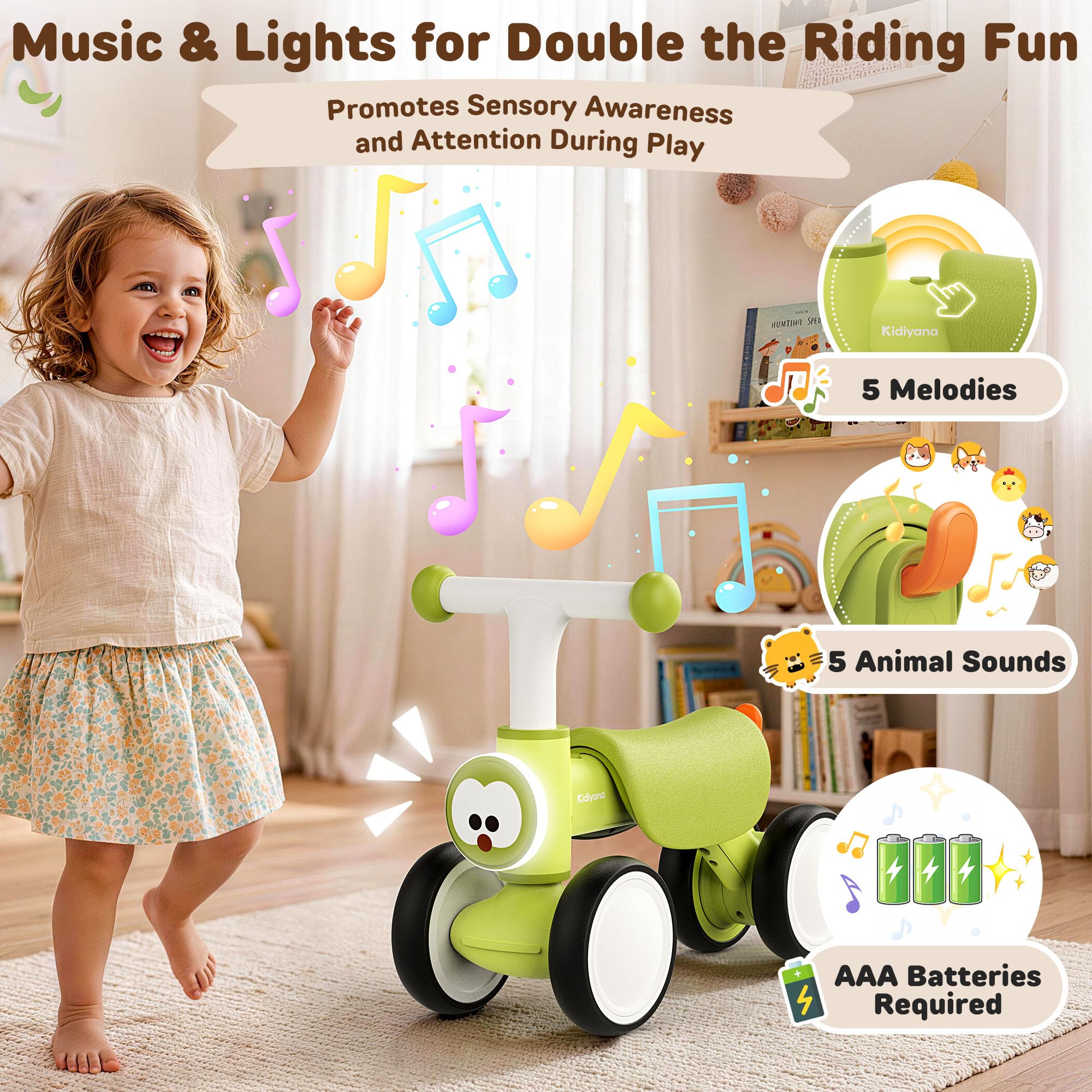 Bicicletta per bambini a partire da 1 anno, con musica e luce, ruota posteriore luminosa, ruota scorrevole per ragazze e ragazzi, regalo per bambini fino a 25 kg