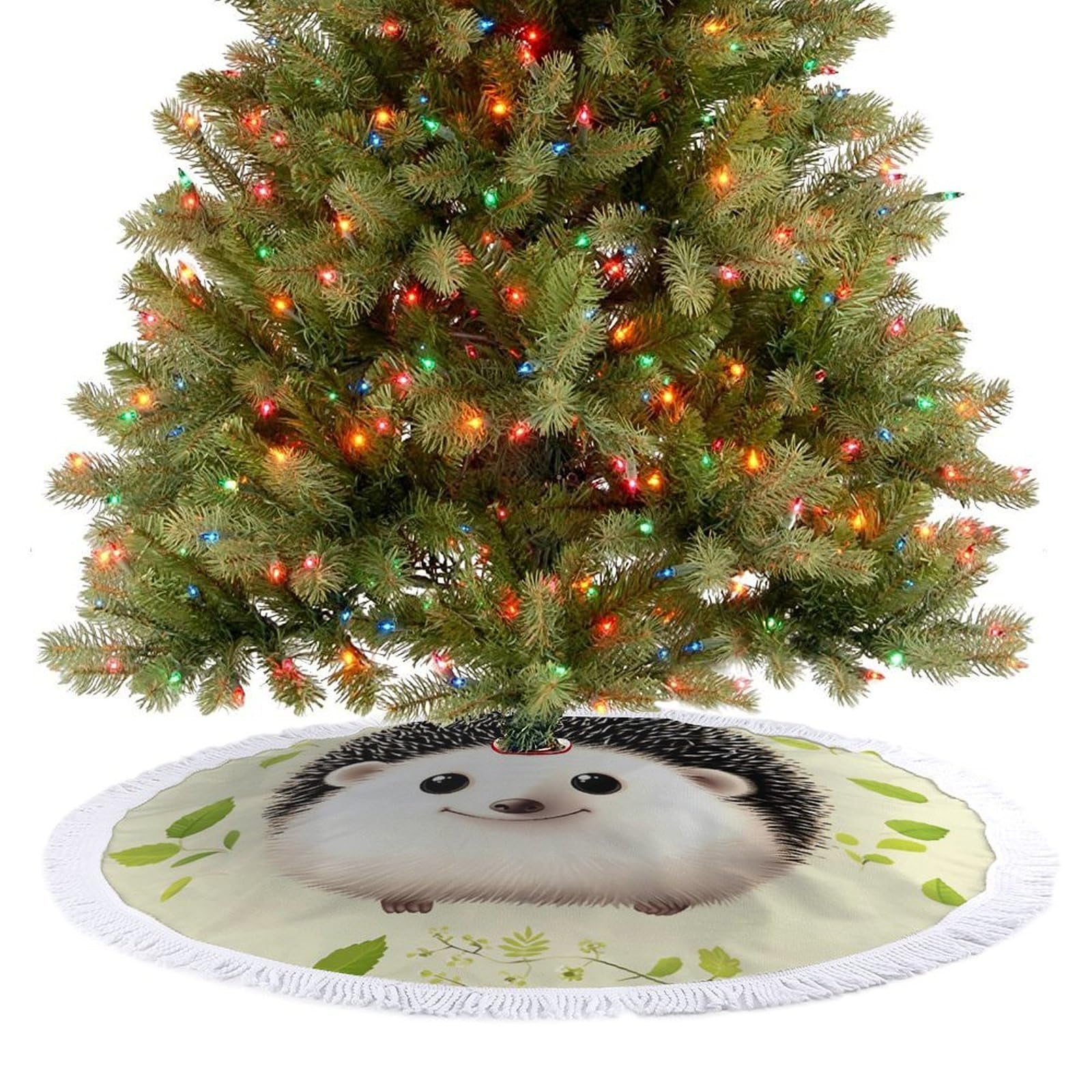 Cute Hedgehog Christmas Tree Skirt 48"x48" Rustic Xmas Tree Mat with Tassel Ornament Christmas Trees Cover Skirt Mat for Evergreen Trees Ornament Winter Holiday Mats Decorations