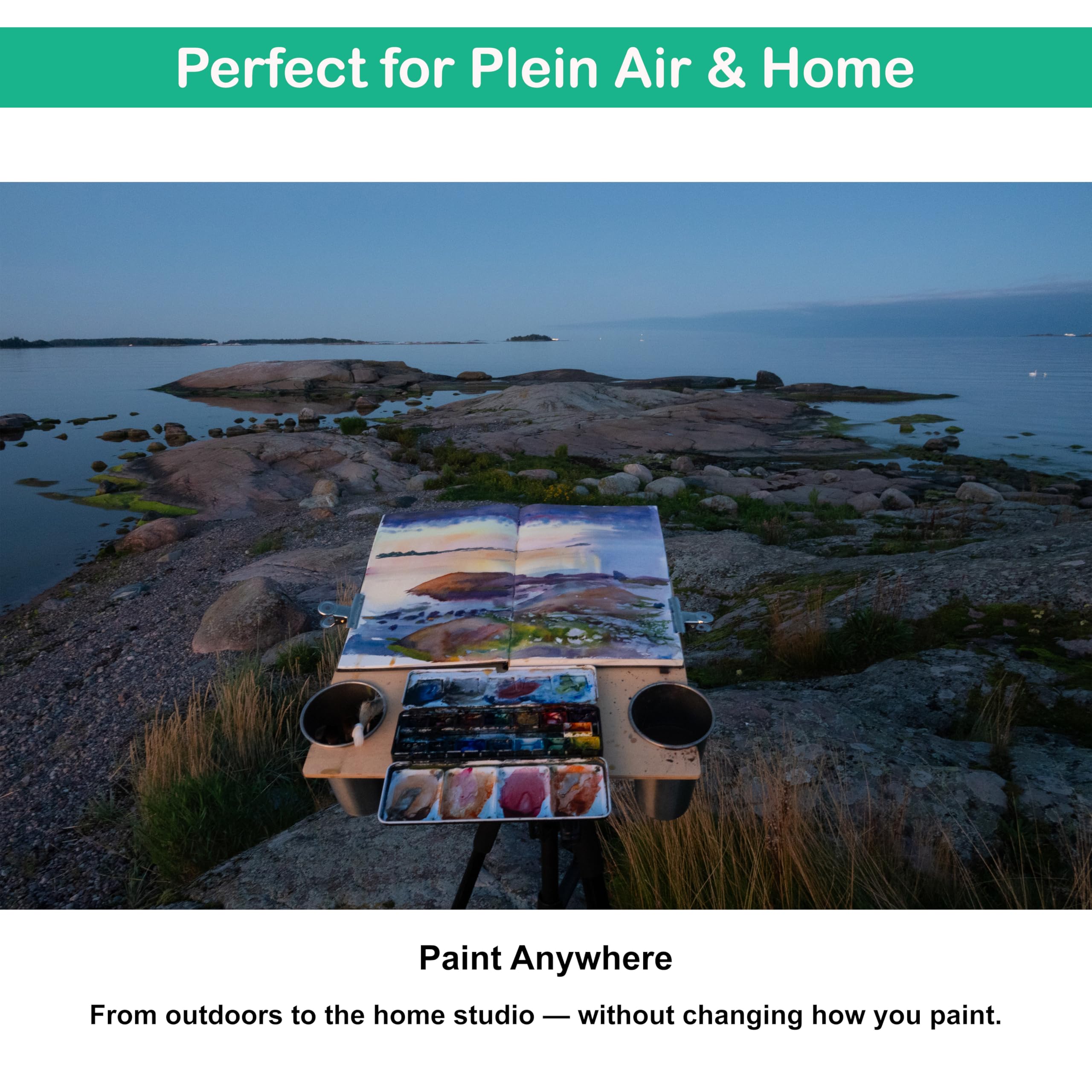 Plein Air - Cavalletto portatile ad acquerello, con zaino BP-70, supporto per pannello bagnato in legno, treppiede e sgabello pieghevole, album da disegno in 100% cotone, 2 tavolozze, tazze