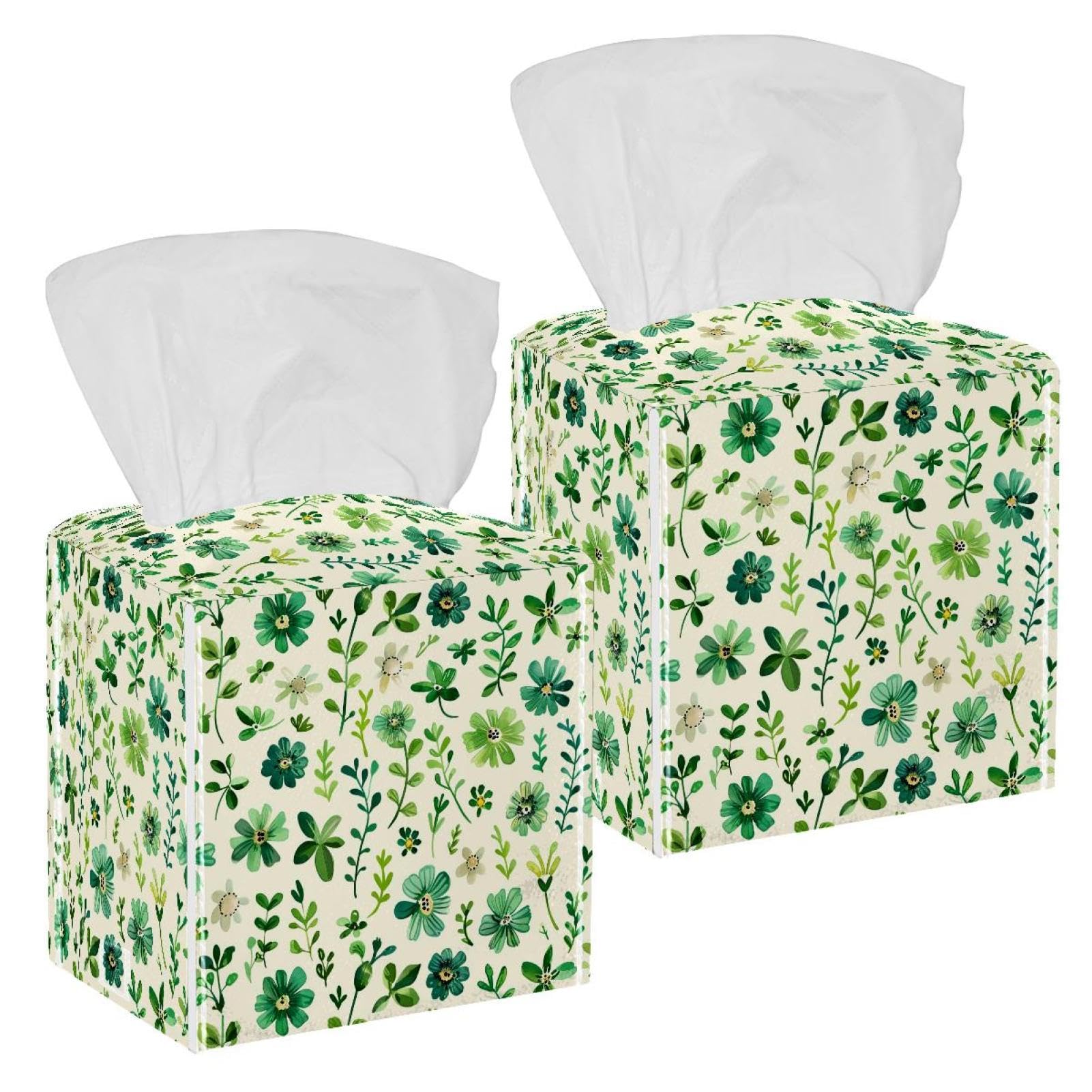 Artistic Leaves Tissue Box Cover, 2 Pack PU Leather Square Facial Tissue Dispenser Box holder for Home Office Car
