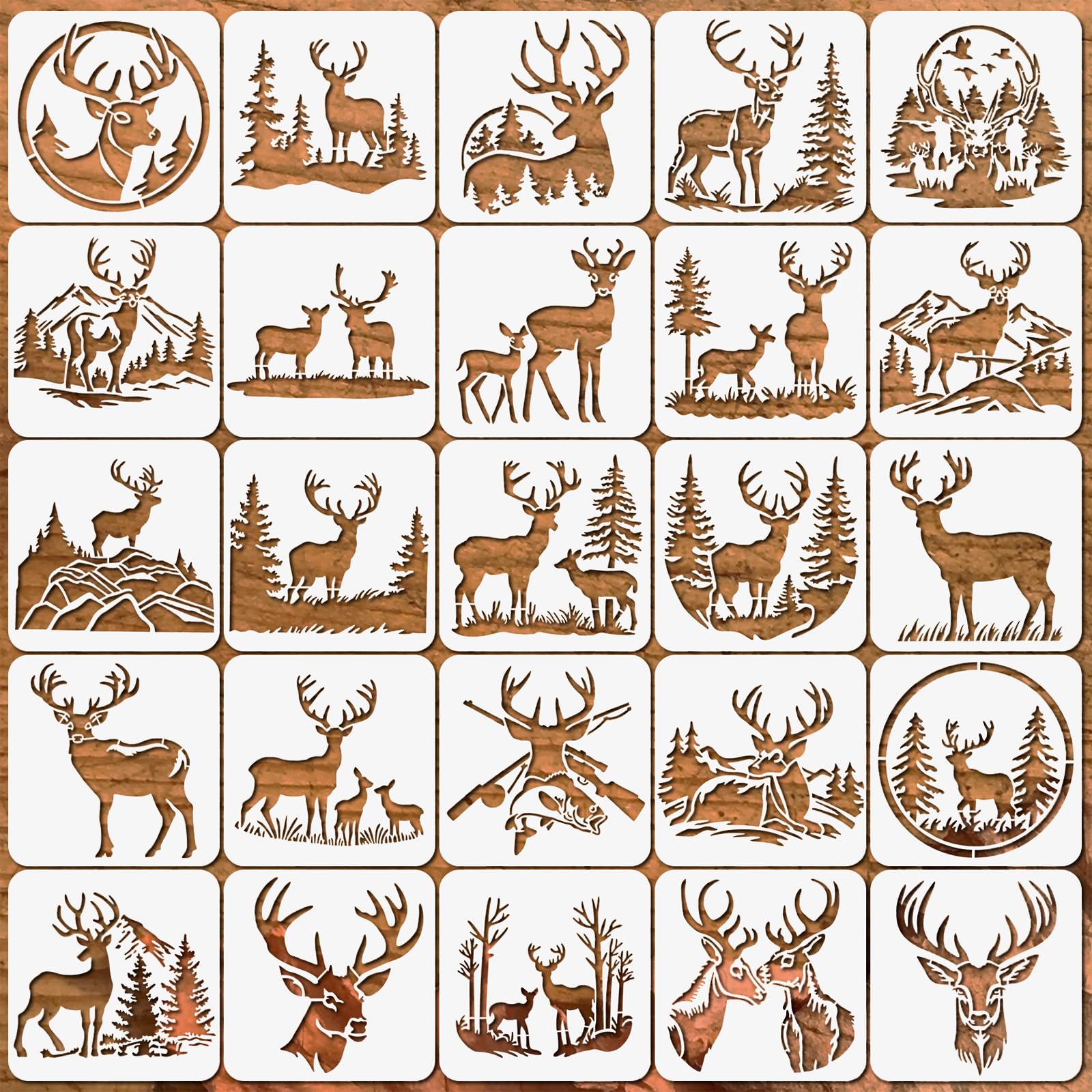 Deer Stencils for Painting – 25pcs Reusable 6"x6" Animal Templates for DIY Crafts on Wood, Walls Art Fabrics Canvas Scrapbook