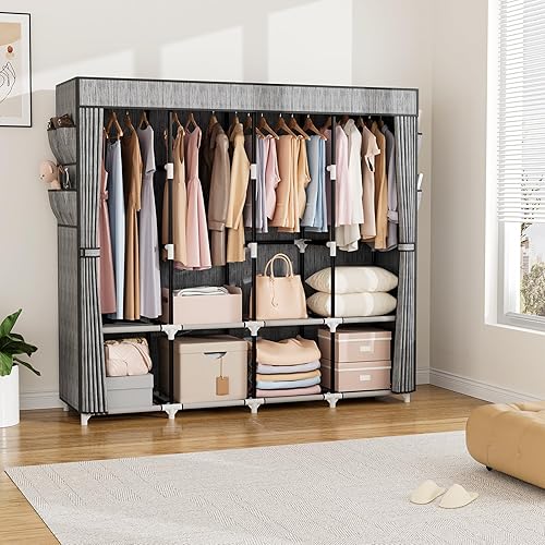 Miniatura 8 de VTRIN Armario Portátil para Colgar Ropa de 67 Pulgadas de Ancho Gran Capacidad Armario Guardarropa Portátil con Cubierta, 4 Estantes de