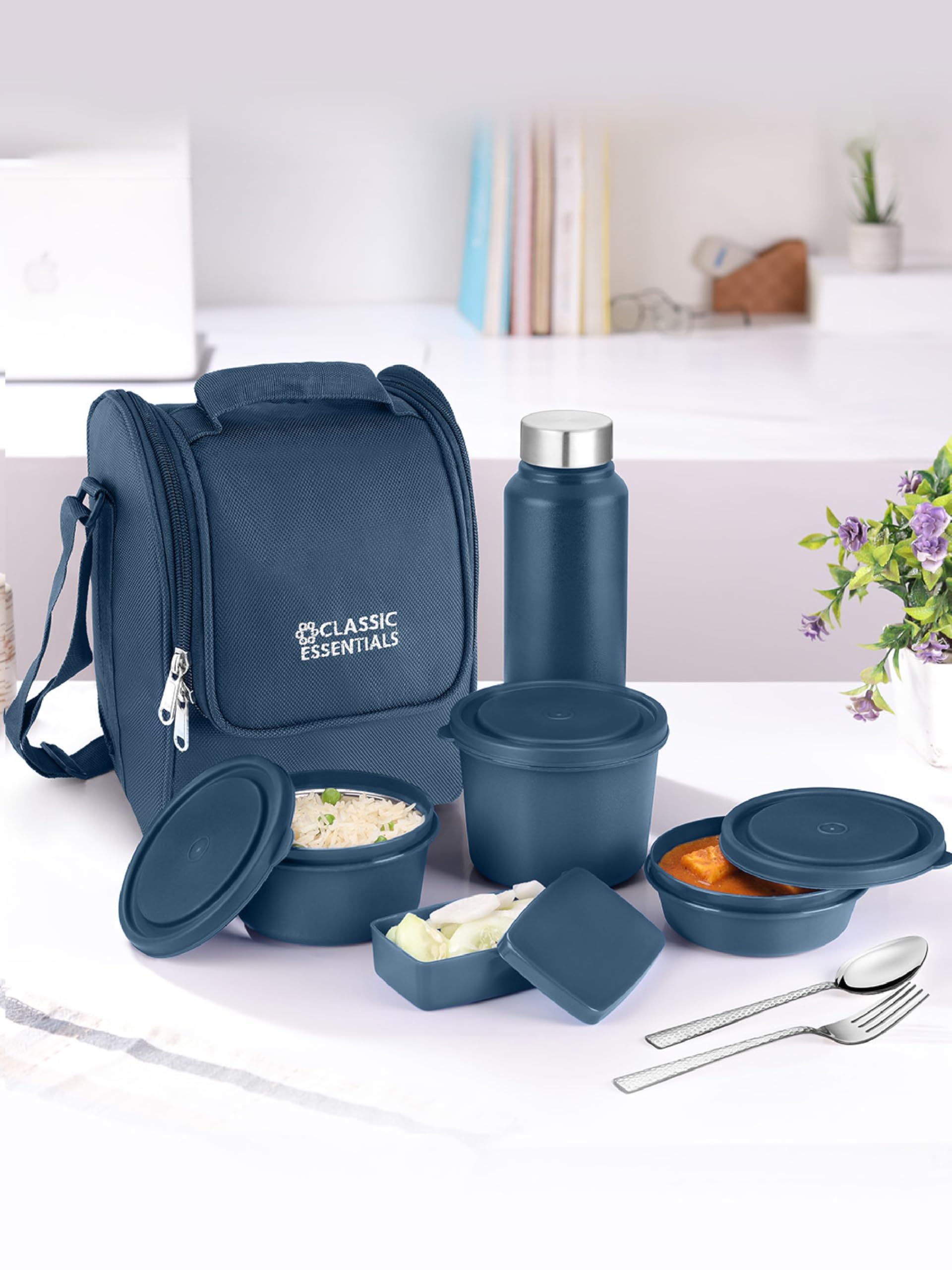 CLASSIC ESSENTIALS Supreme All in One Lunch Box with Insulated Bag | Microwave Safe Containers with Steel Inner | Leak Resistant (with Bottle, Blue, 4 Containers), 350 ML